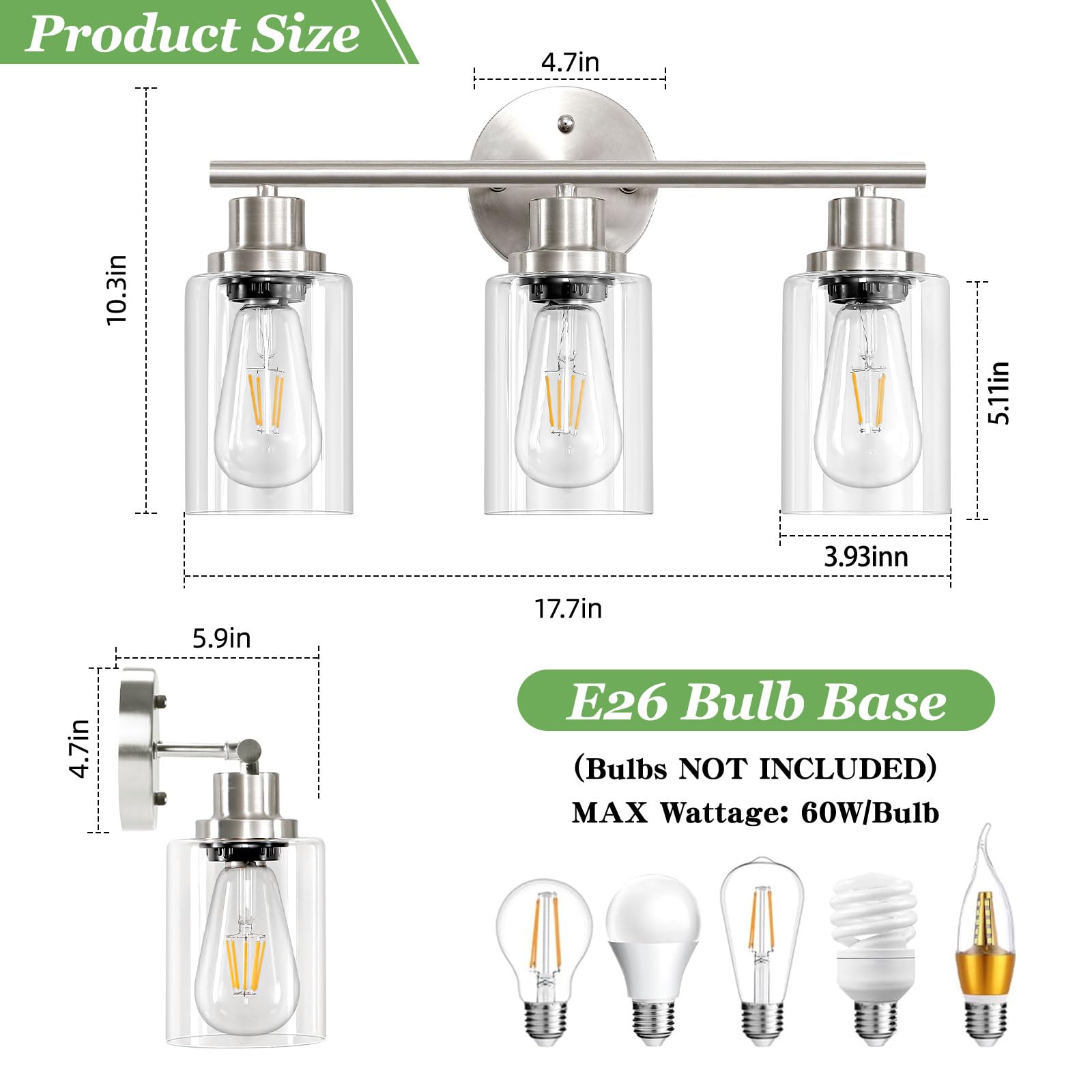 Guliaofo 3-Light Bathroom Vanity Light Fixtures, Brushed Nickel, Clear Glass Shade, Model Gu-111-QGN-3