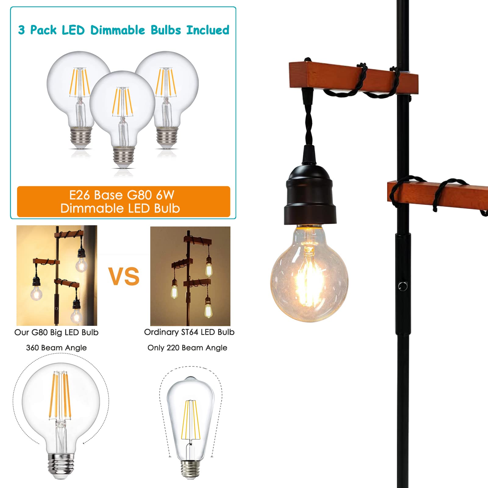 Assemer Dimmable Industrial Floor Lamp,Modern Farmhouse Tree Standing Lamps For Living Room Bedroom Office Rustic Home Decor