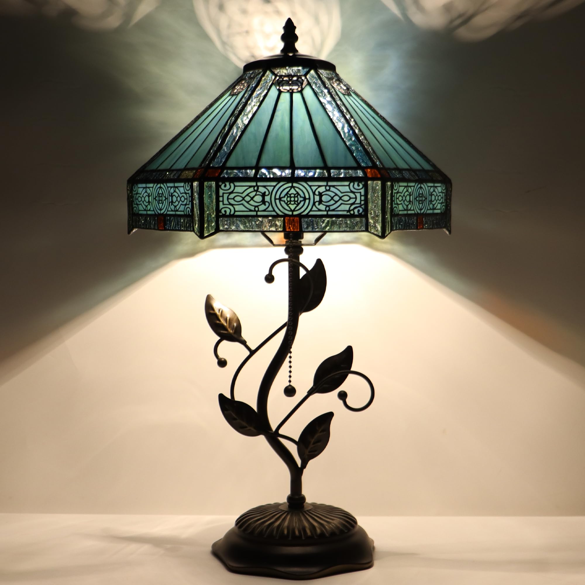 LXHCYOU Tiffany Table Lamp, Stained Glass Desk Light, W12H19 Inch, Metal Leaf Base (Mission Style)