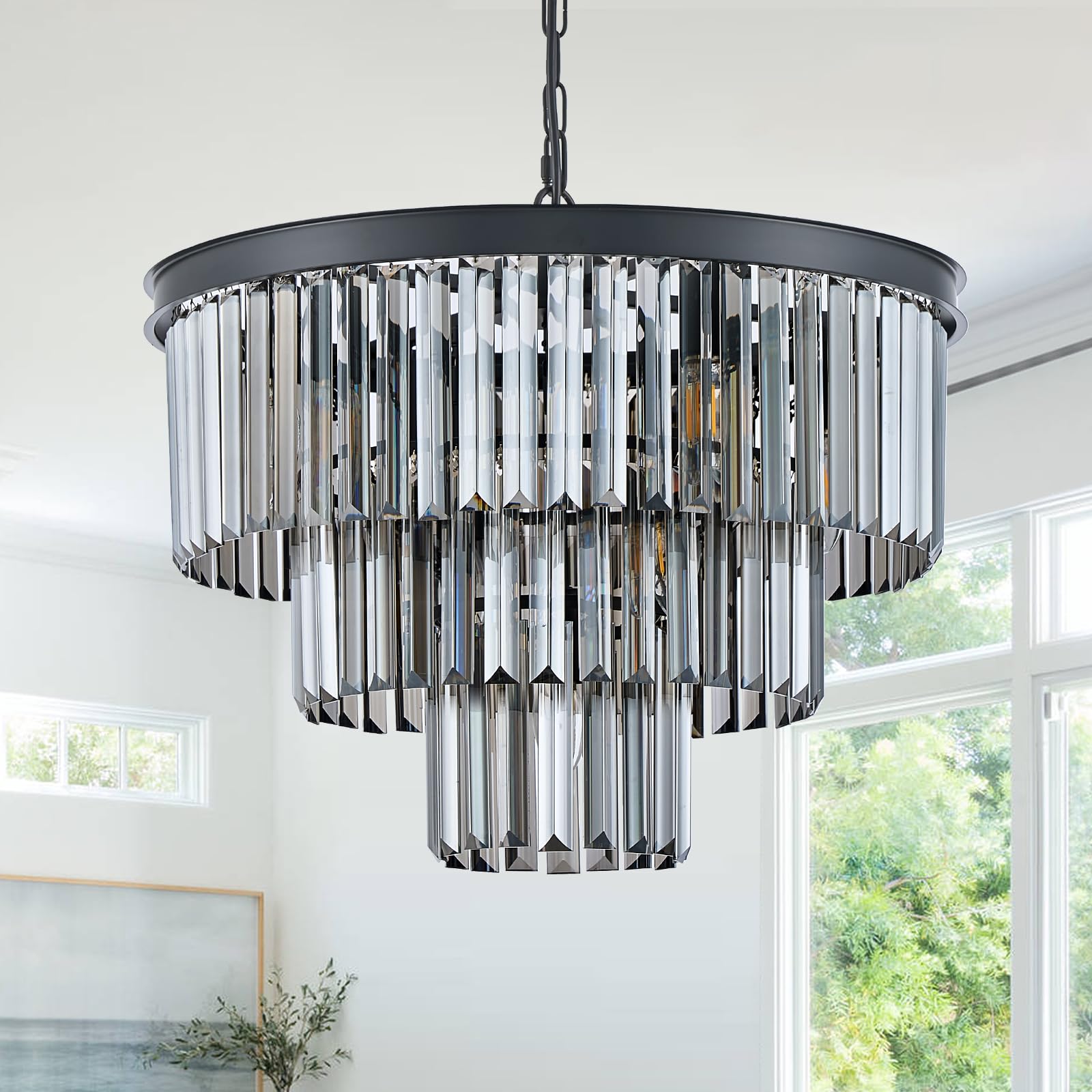 CATINER Modern Smoke Gray Crystal Chandeliers  Black 20  Round Chandelier 3 Tiers 7 Lights Elegant K9 Crystal Ceiling Pendant Light Fixture for Dining Room Foyer Bedroom Closet
