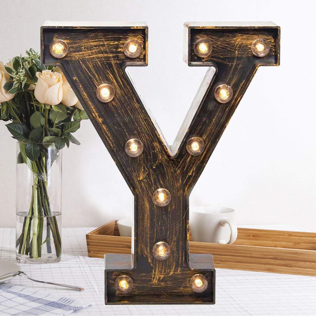 Oycbuzo Golden Black Led Marquee Letter Sign - Vintage Light Up Decor For Parties & Events - Y