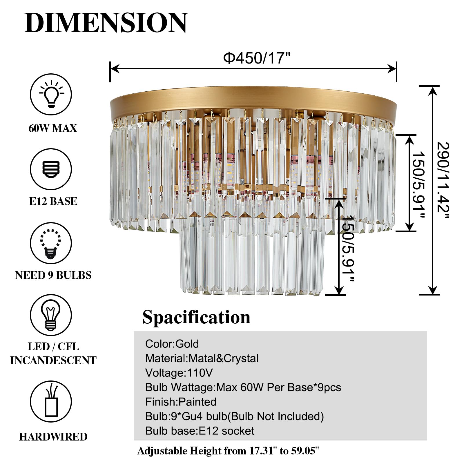 Faibra 17" Gold Crystal Ceiling Light - Modern 9-Light K9 Fixture for Dining Room, Kitchen, Living Room, Bedroom