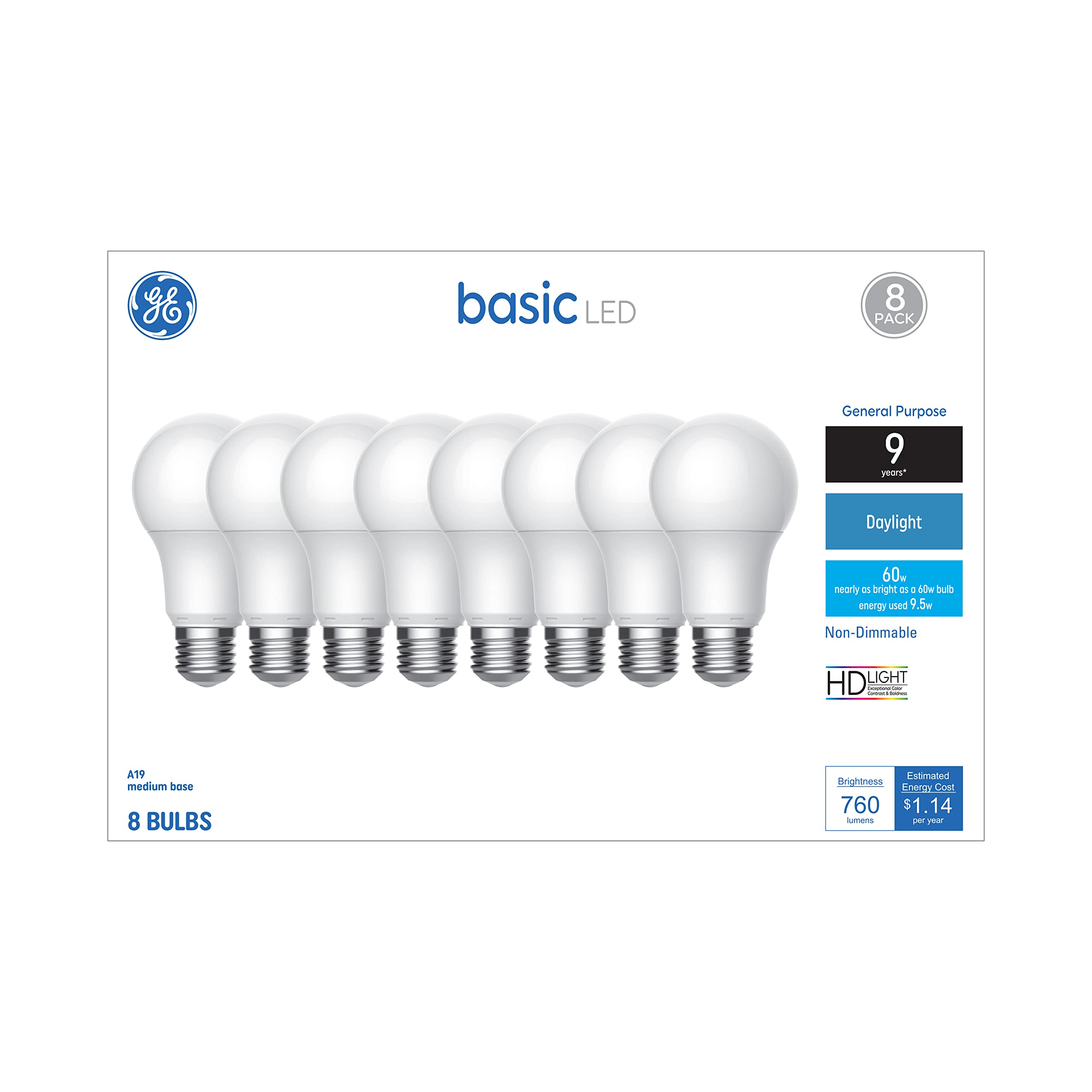 GE Basic Light Bulbs, 60 Watt, Daylight, A19 (8 Pack)