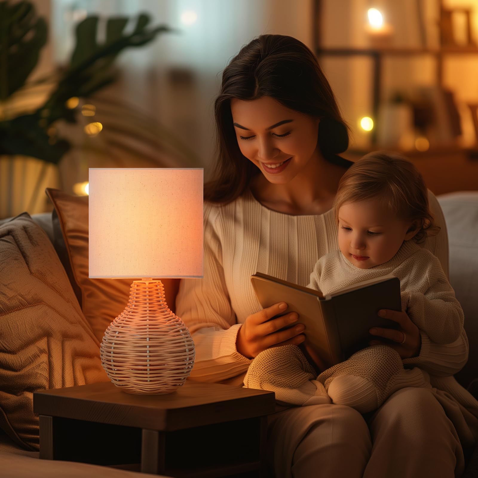 Velxee Rattan Table Lamp, Vintage Wicker Wooden Nightstand Lamp Set Of 2, Boho Bamboo Woven End Table Lamp For Bedroom Living Ro