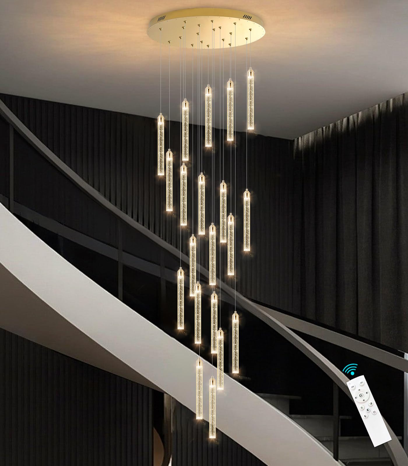 Dolria 156in LED Dimmable Chandelier - 20 Lights, Gold, Modern Design for High Ceilings, Crystal Drop Light, Model PC0008
