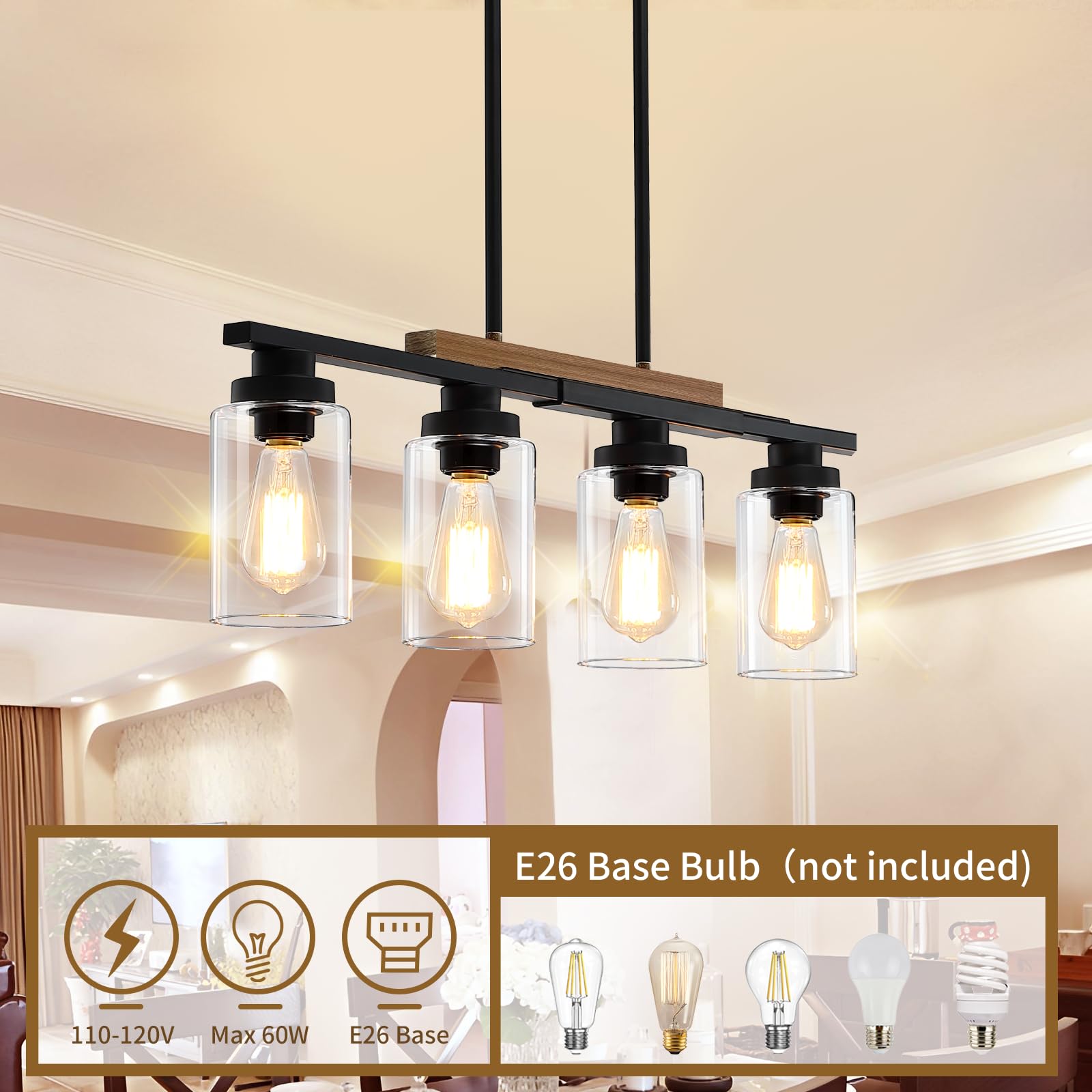 Dining Room Light Fixture Over Table,Farmhouse 4-Light Kitchen Island Lighting,Modern Wood Chandeliers For Dining Room With Adjustable Height,Industrial Black Kitchen Pendant Hanging Lights