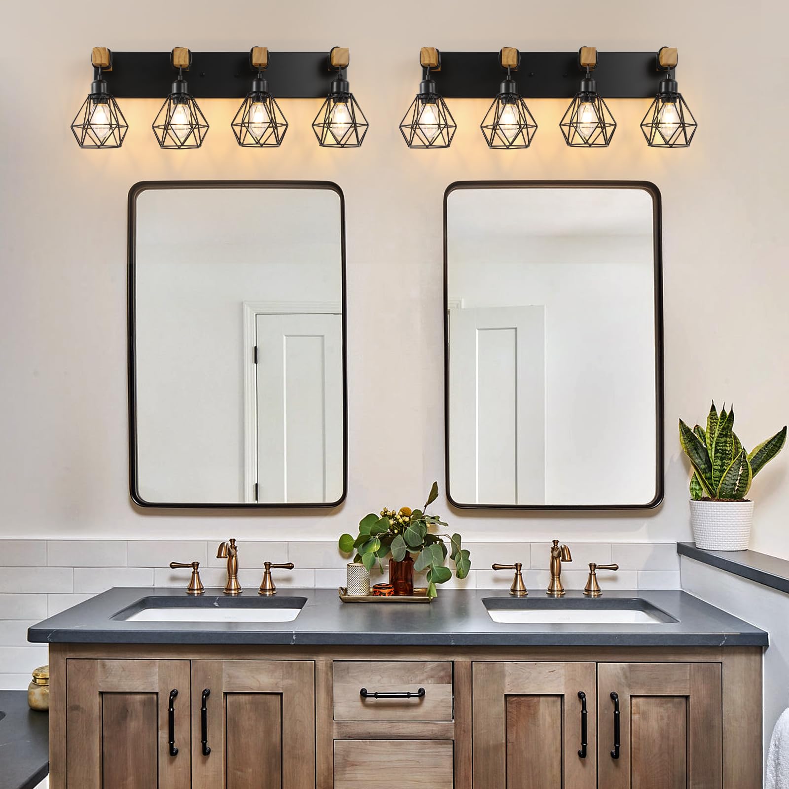 4-Light Farmhouse Bathroom Vanity Light Fixtures, Wood Bathroom Light Fixtures Over Mirror, Rustic Sconces Wall Lighting With Elegant Metal Lampshade For Living Room, Bedroom, Hallway