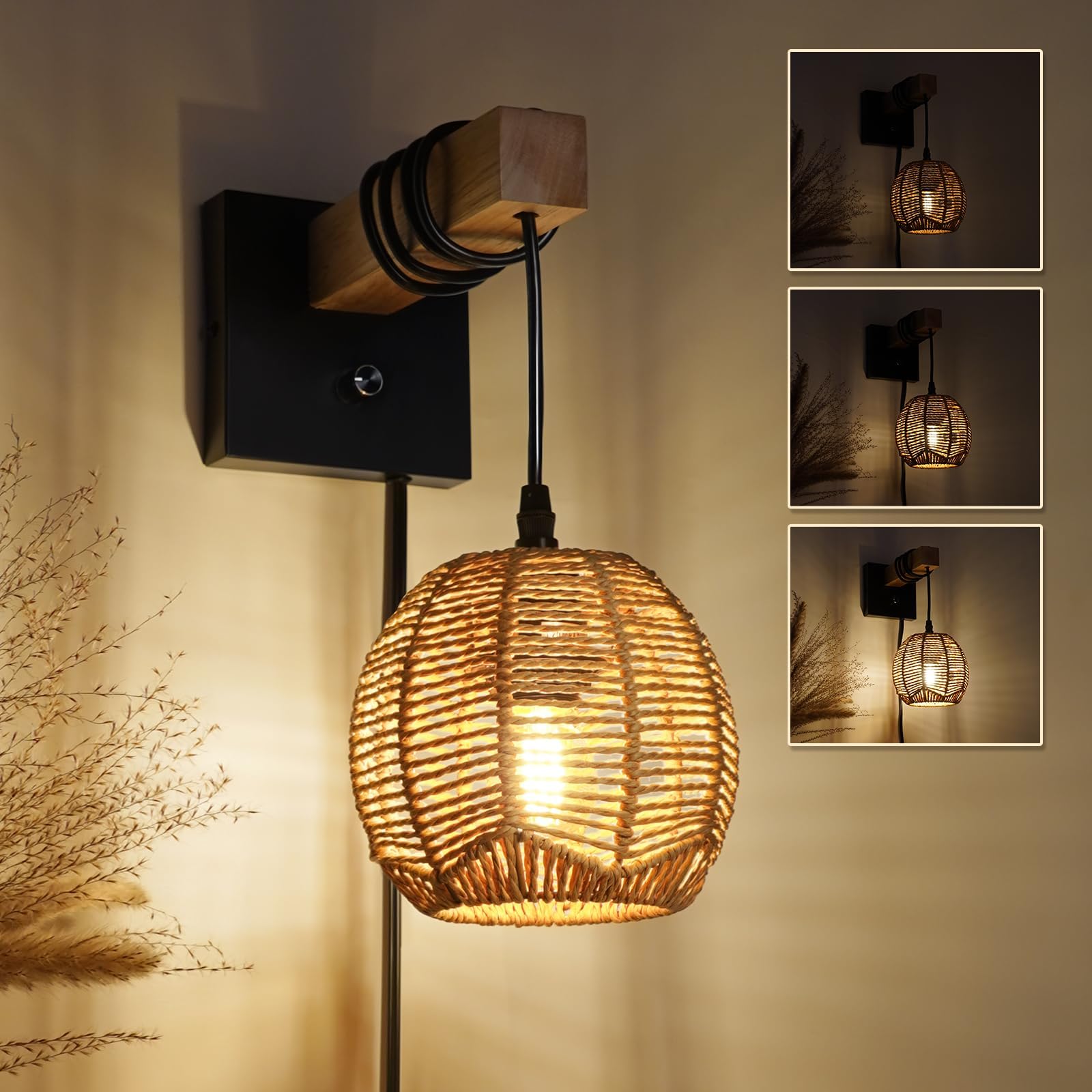 HYMELA N01 Plug in Dimmable Wall Sconces Hanging Boho Rattan Wall Lamp Farmhouse Stepless Wall Sconce Woven Wall Lamp Hardwired Wall Lights for Living Room Bedroom Bedside Hallway (Bulb Included)