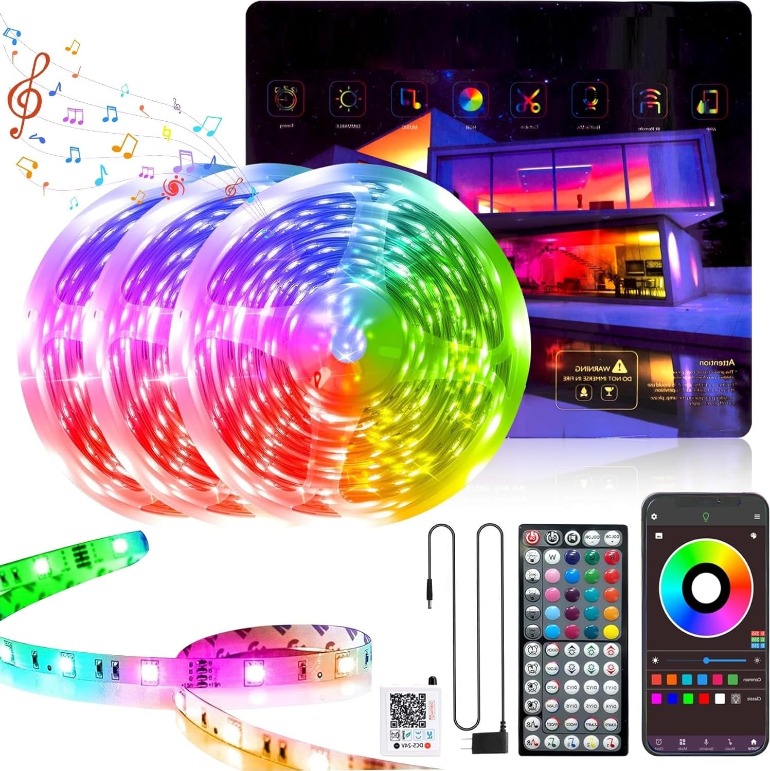 GANZQH LED Strip Lights 300ft with Remote & App Control, Color Changing, Plastic, White, Model GAN-rgb008-4