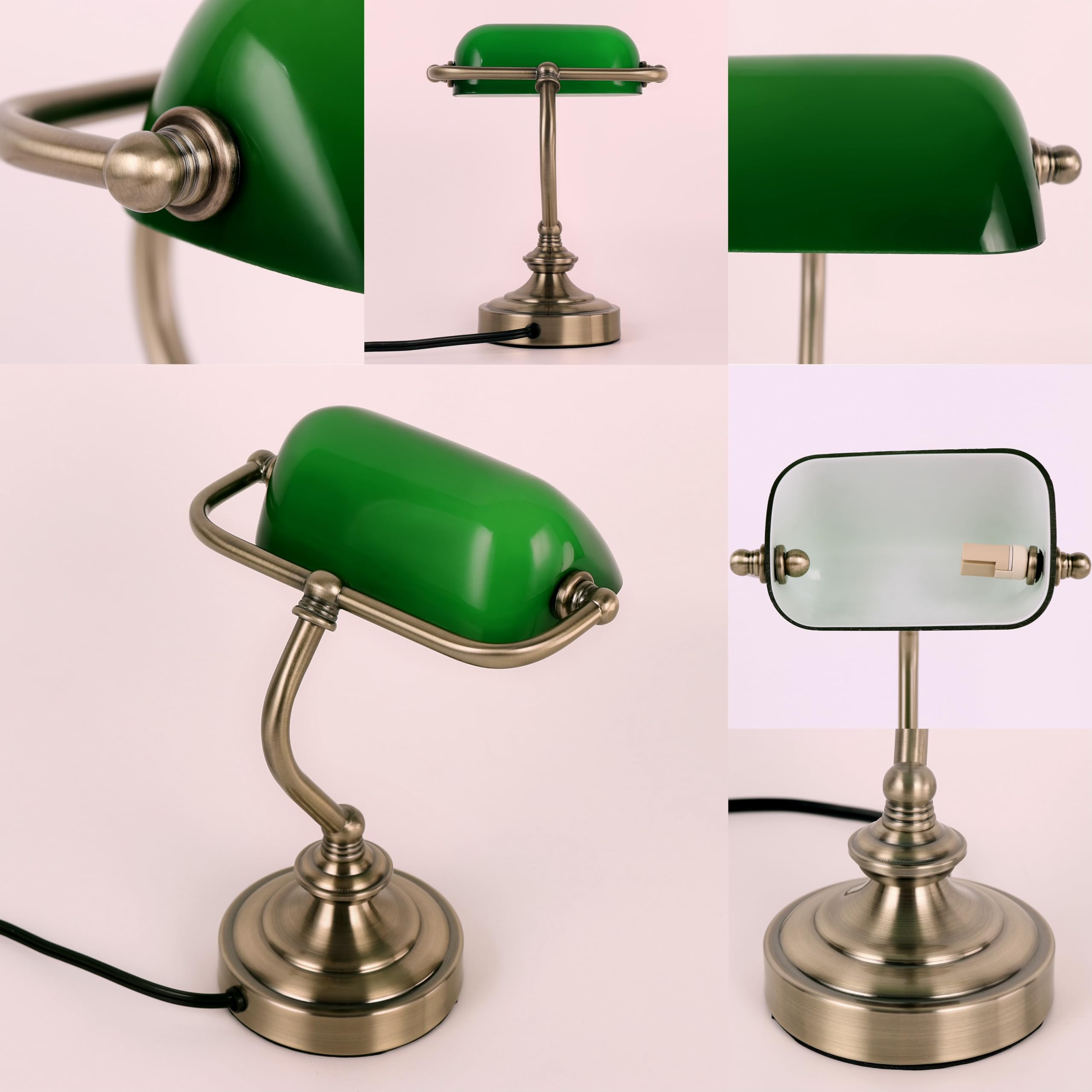 Firvre Mini Glass Bankers Lamp - Retro Bronze Finish, G9 Base, Vintage Table Lamp For Home Office