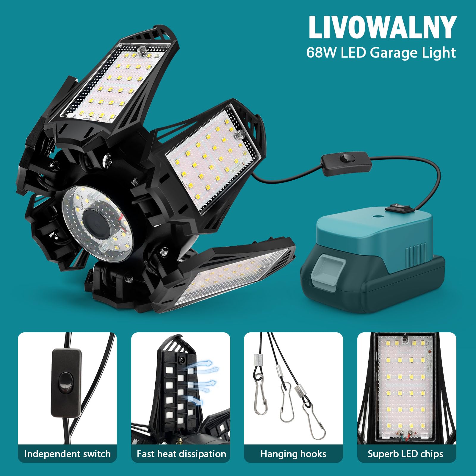 Livowalny Led Work Light For Makita 18V Battery, Cordless 68W 6800Lm Led Flood Light Battery Light Garage Light Battery Powered