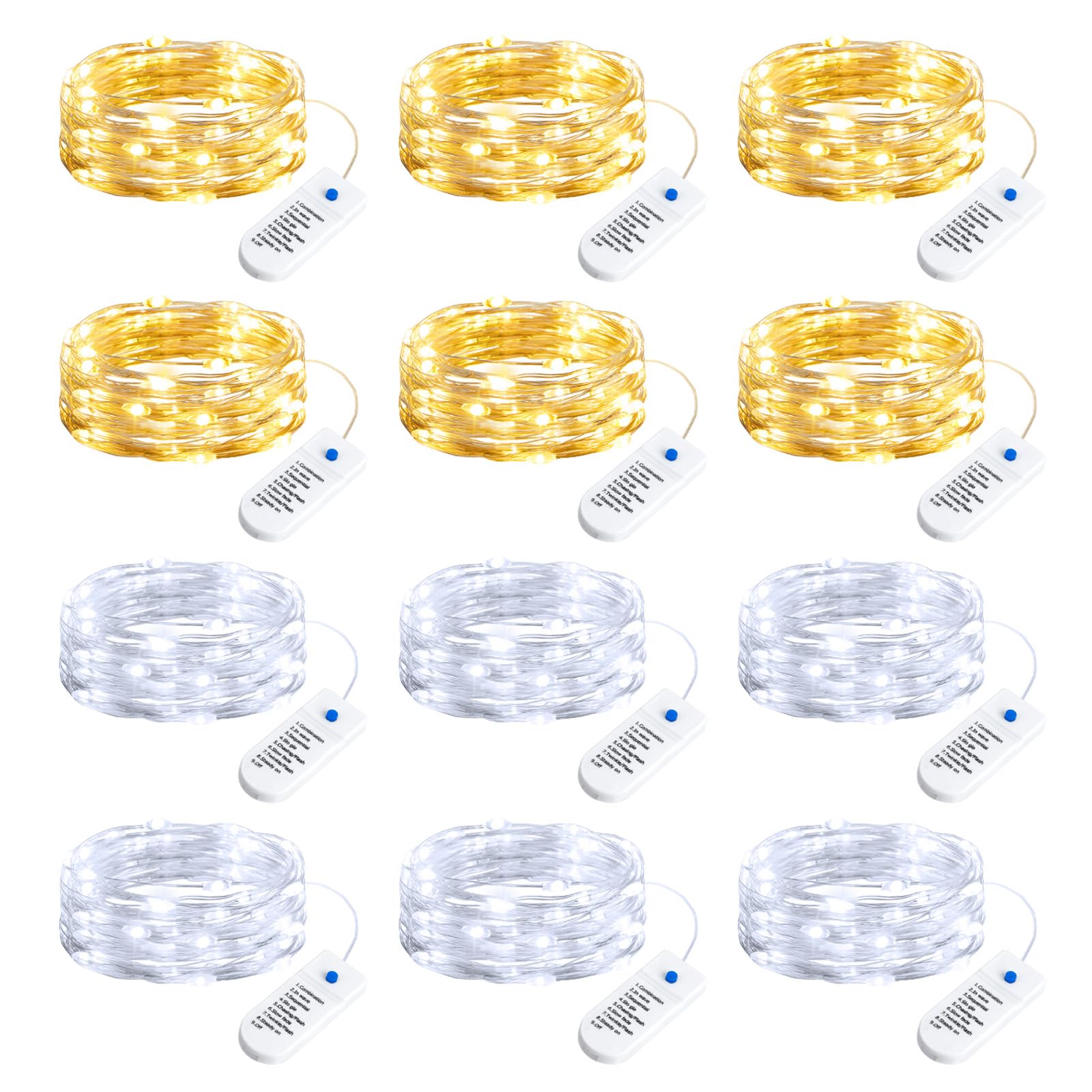 Minetom Fairy Lights 12 Pack, 20 LED, 7ft, Waterproof Silver Wire, Warm White & White, 8 Modes with Timer for DIY Projects