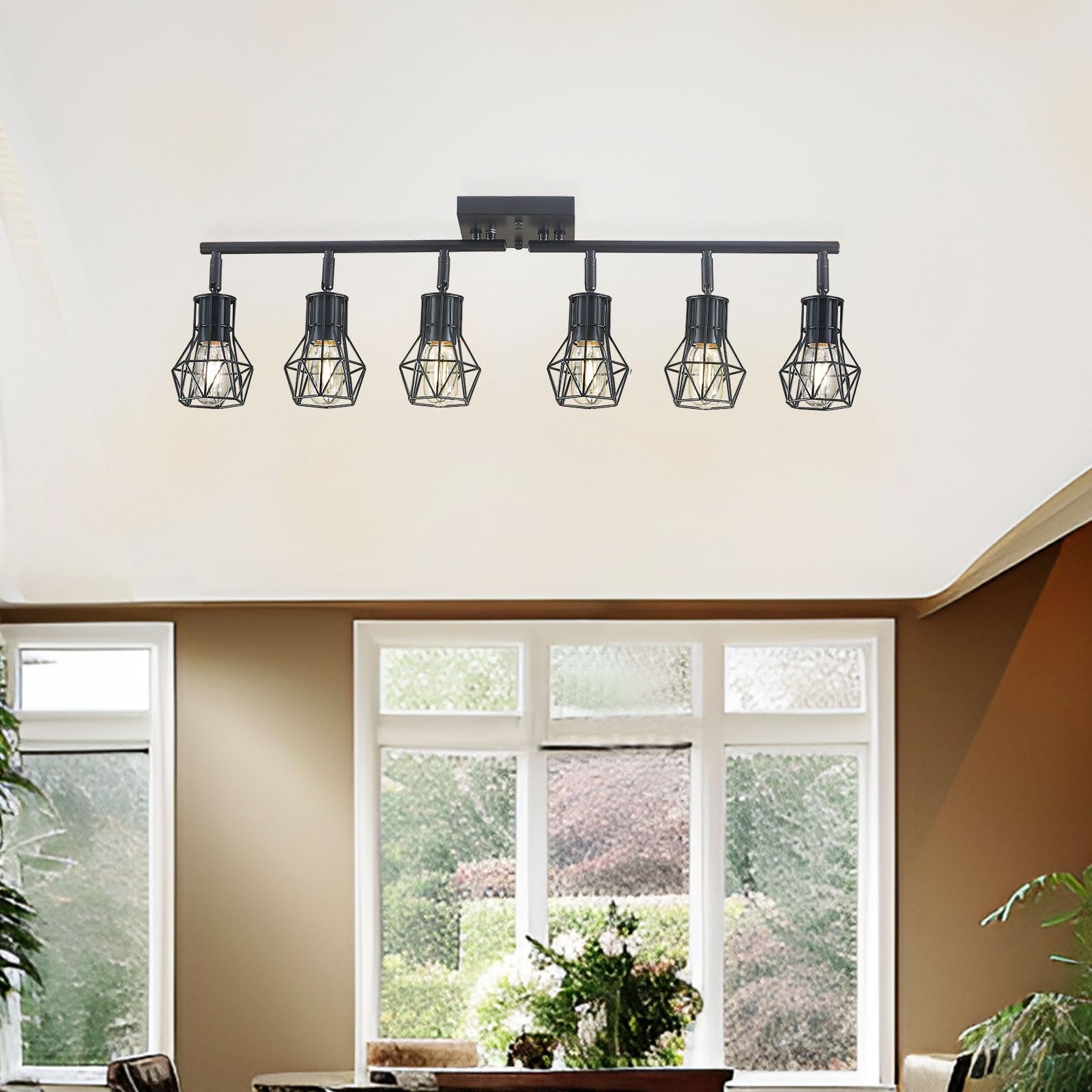 BANGANMA 6-Light Black Metal Cage Track Lighting Fixtures for Kitchen, Living Room, Dining Room – Model GD-30256