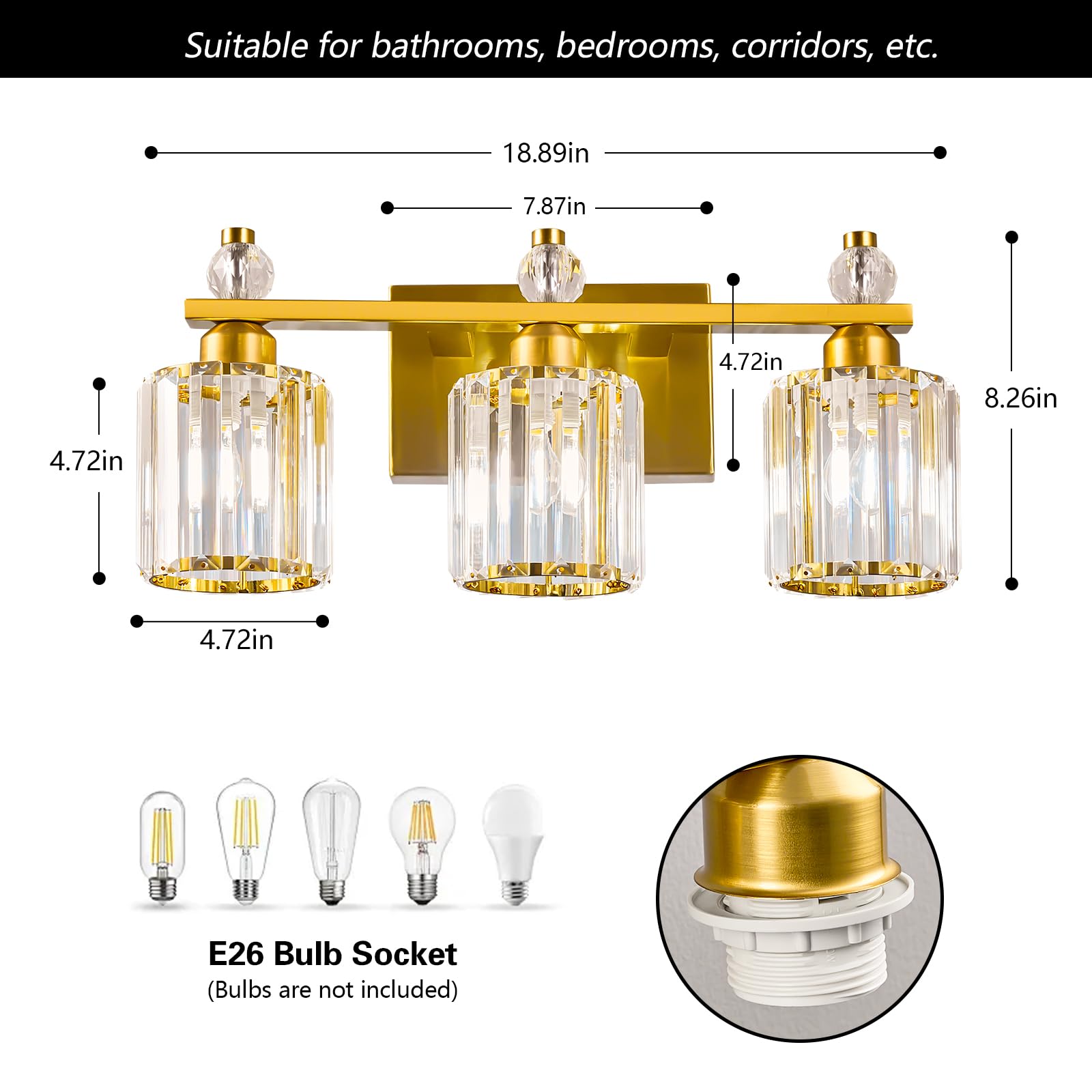 FDPBY 3-Light Bathroom Vanity Lights Gold Modern Crystal Fixture Model 291