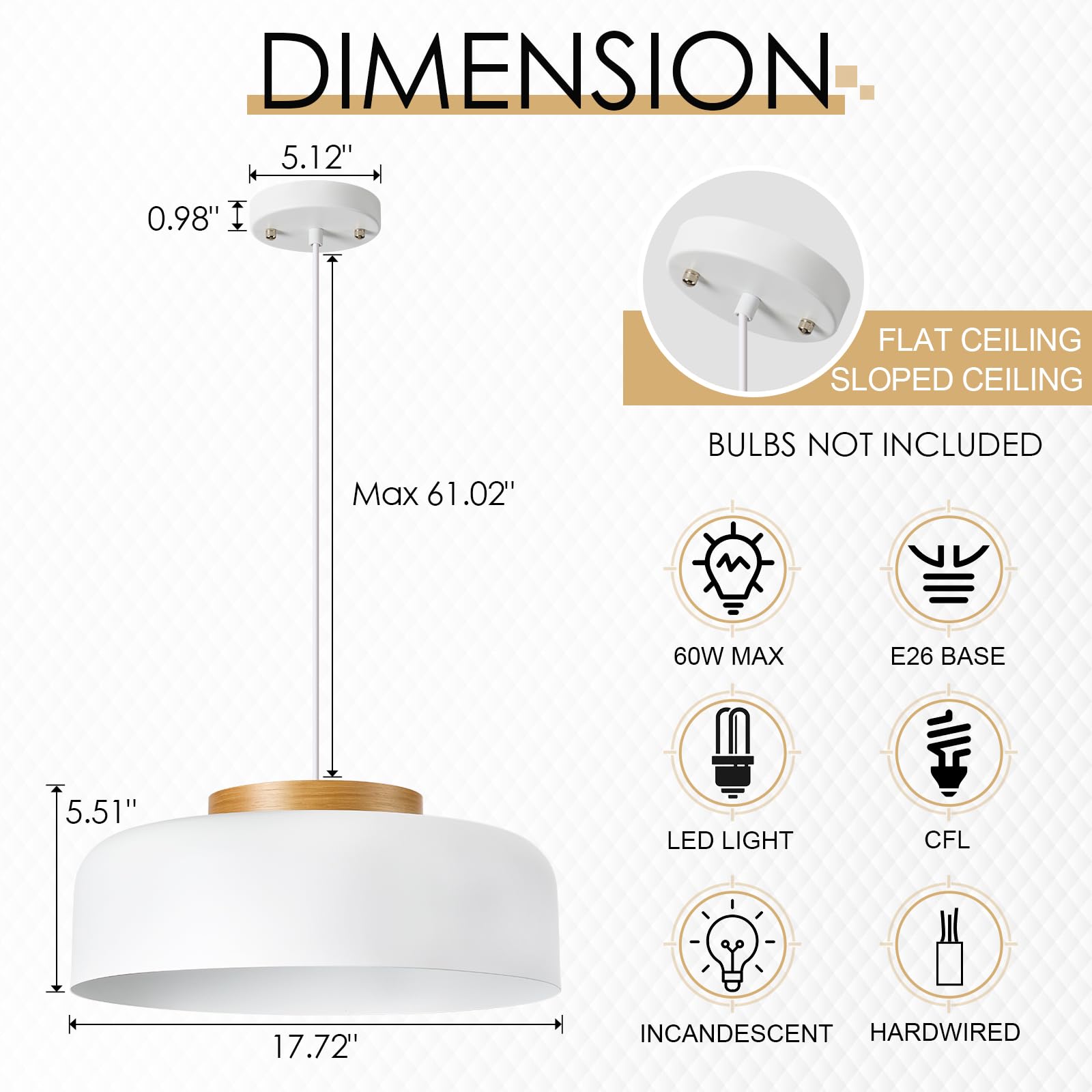 Huawiya Modern Pendant Lighting, 17.7 Inch,Natural Wood Cap, Drum Simple Large Pendant Light Fixture Chadelier For Dining Table,