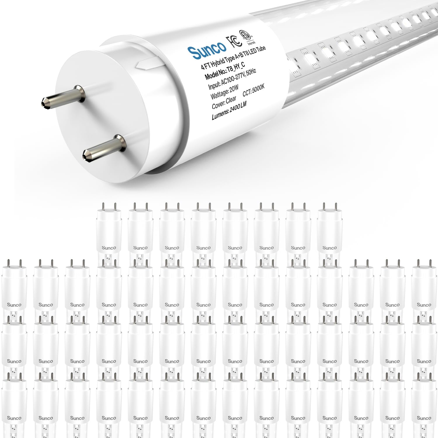 Sunco T8 LED Bulbs 50 Pack, 4 Foot, 20W, 2400 LM, 5000K Daylight, Clear Lens, Hybrid Type A+B