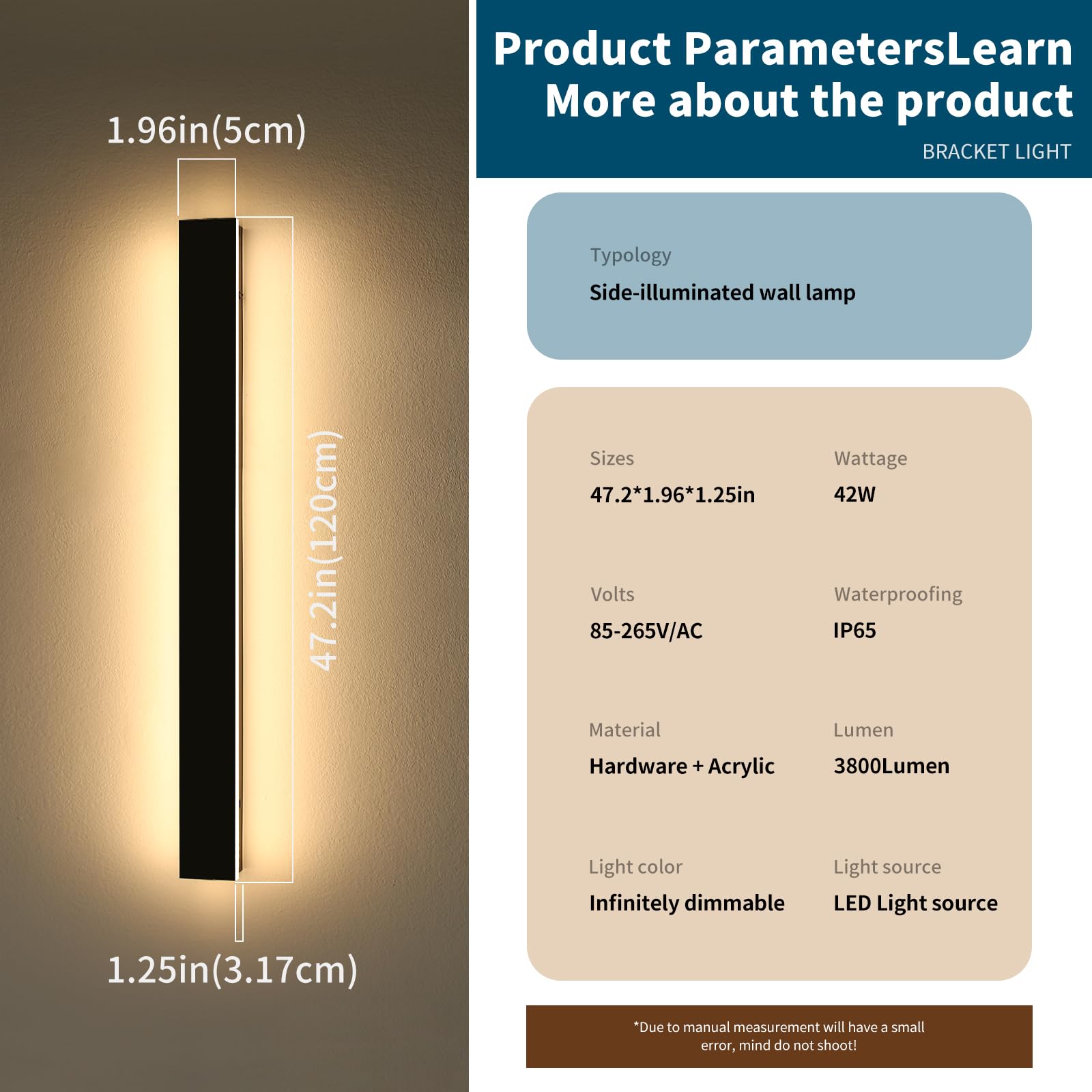 Daoseolo 47inch LED Outdoor Wall Light, Dimmable 3000K-6000K, IP65 Waterproof, Iron, Model CB-TG-47IN, Remote Control