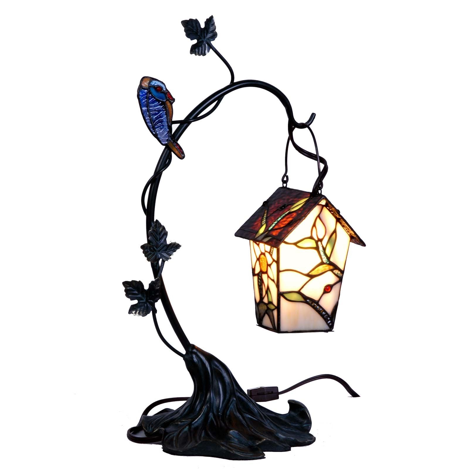 Bieye L10617 Tiffany Style Stained Glass Birdhouse Table Lamp for Home Decor (21-inch High, Pink Flower)
