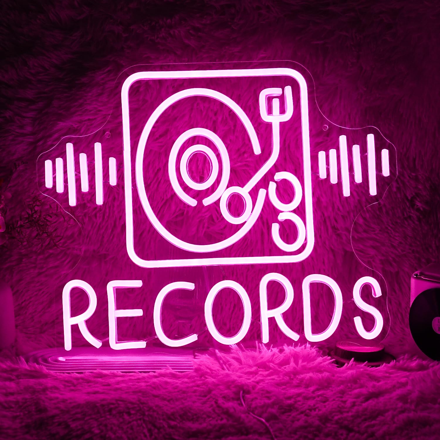 GNVETZLL Records Neon Sign, Pink LED Wall Decor, Dimmable, USB Powered, 15.7inx12.2in, Acrylic, for Music and Party Decor