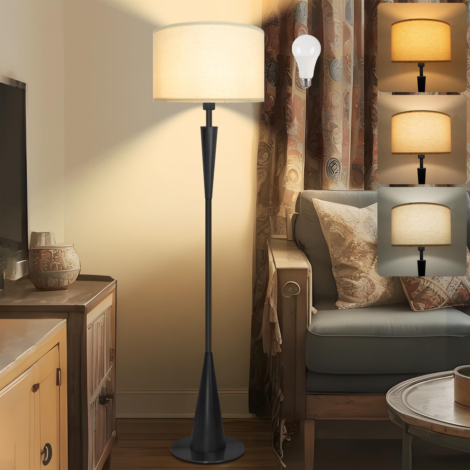 Shalomlite Floor Lamp for Living Room,61.5 Wood Floor Lamp,Retro Farmhouse Standing Lamp Includes 9W Bulb with 3-Color Temperatu