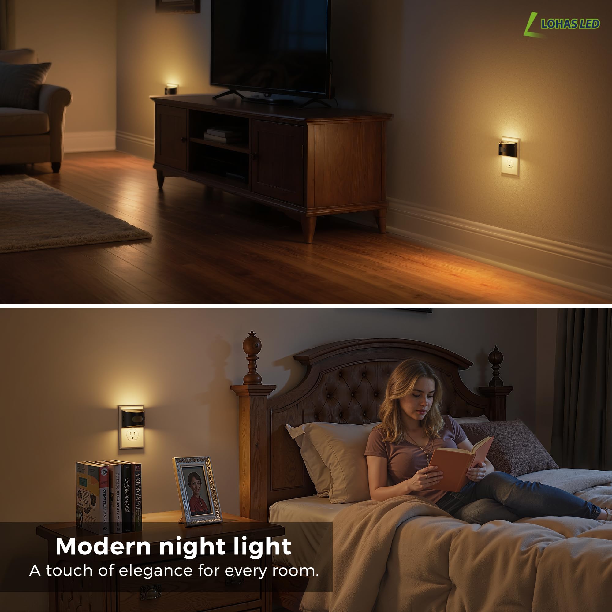 L LOHAS LED Night Light with Motion & Dusk Sensor, 2 Pack, 3000K Soft White, Adjustable Brightness, Black-3000K, Model GY17702US-