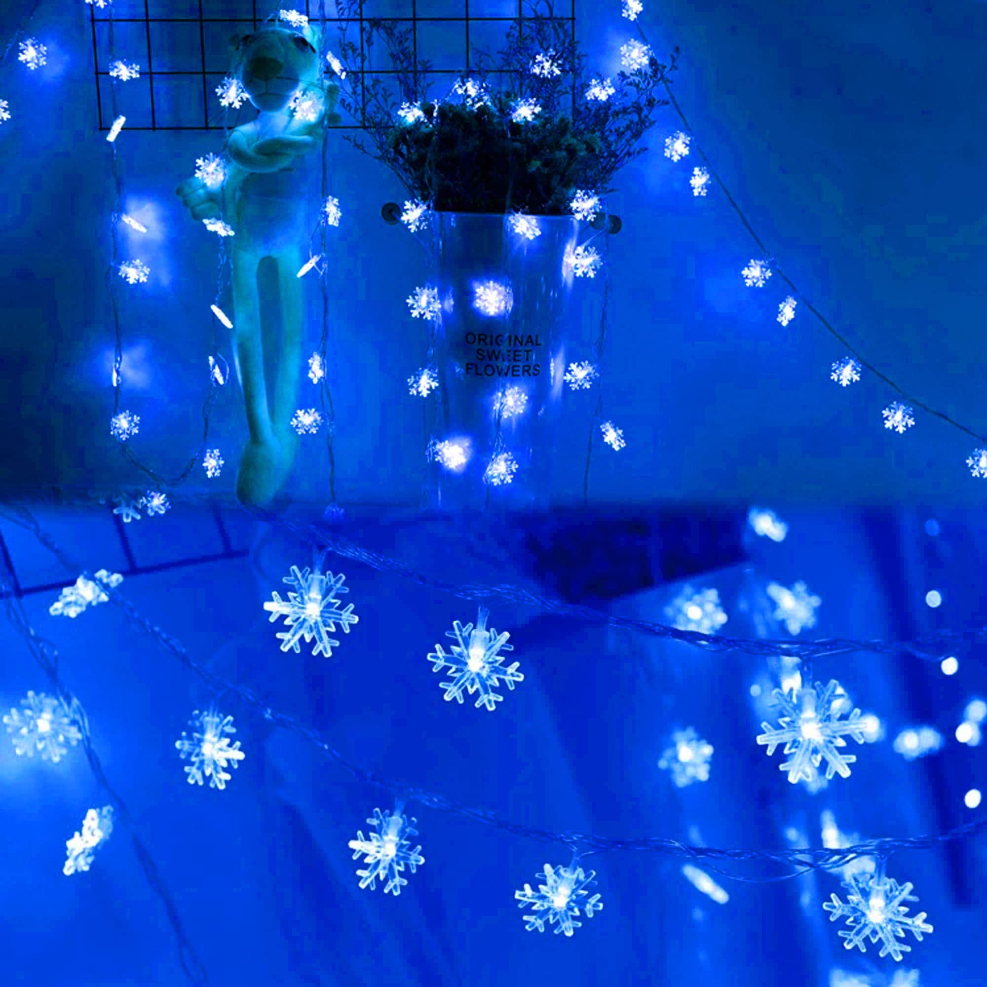 Dazzle Bright Snowflake String Lights, 100LED 50FT, Battery Operated, 8 Modes, Blue - Perfect for Indoor/Outdoor Christmas Decorations