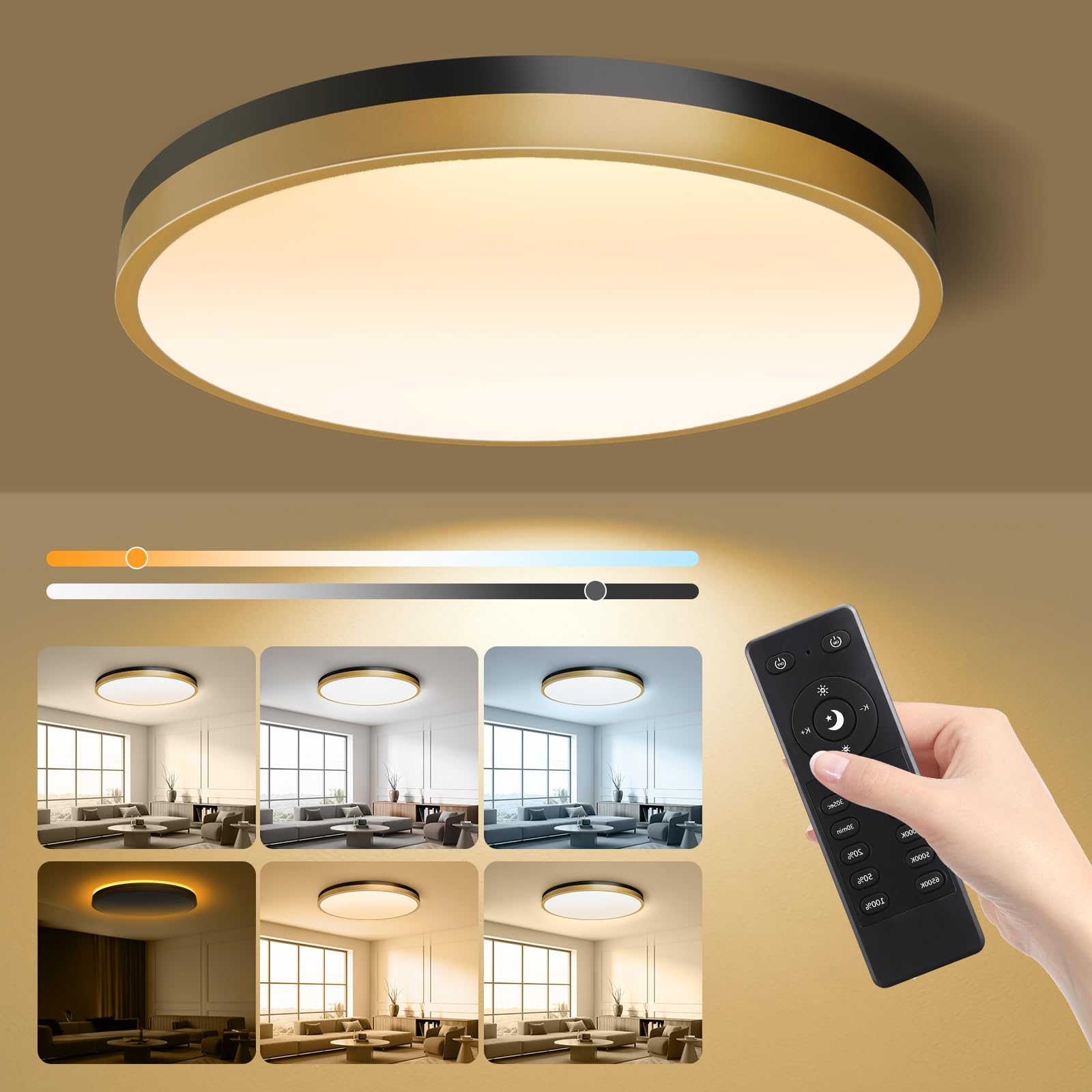 Lightania Flush Mount Ceiling Light, 15 Inch, Dimmable 5CCT, Remote Control, Black Gold, Model LXD01-L15HN-BG