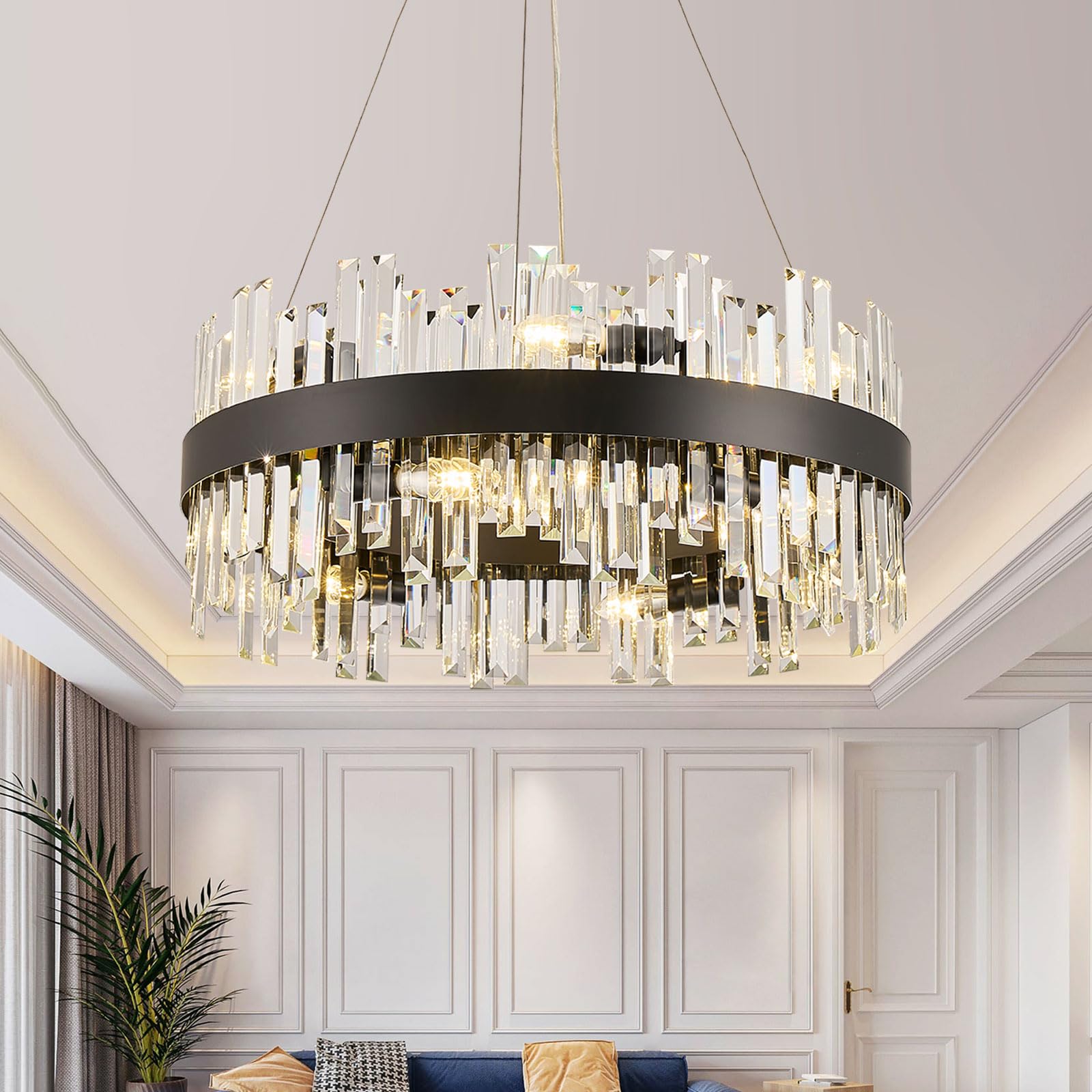 YOLIZUOT 24 Modern Black Crystal Chandeliers for Dining Room 2 Tiers K9 Crystal 12-Lights Elegant Chandelier Light Fixture Contemporary Pendant Ceiling Light for Living Room Kitchen Island Foyer