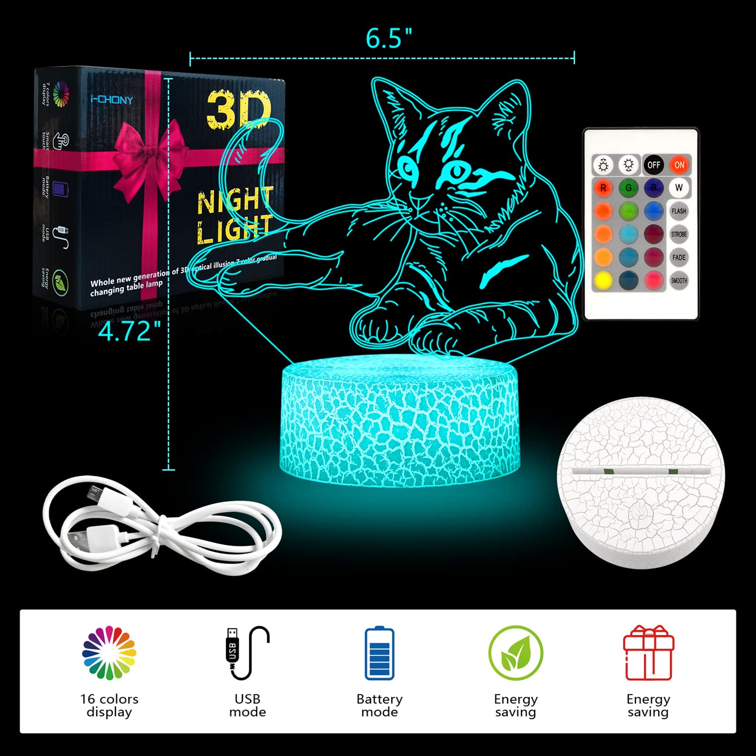 i-CHONY 3D Cat Illusion Lamp - LED Night Light with Remote, 16 Colors, Plastic - Perfect Gift for Women, Teens, Kids, Birthday, Christmas
