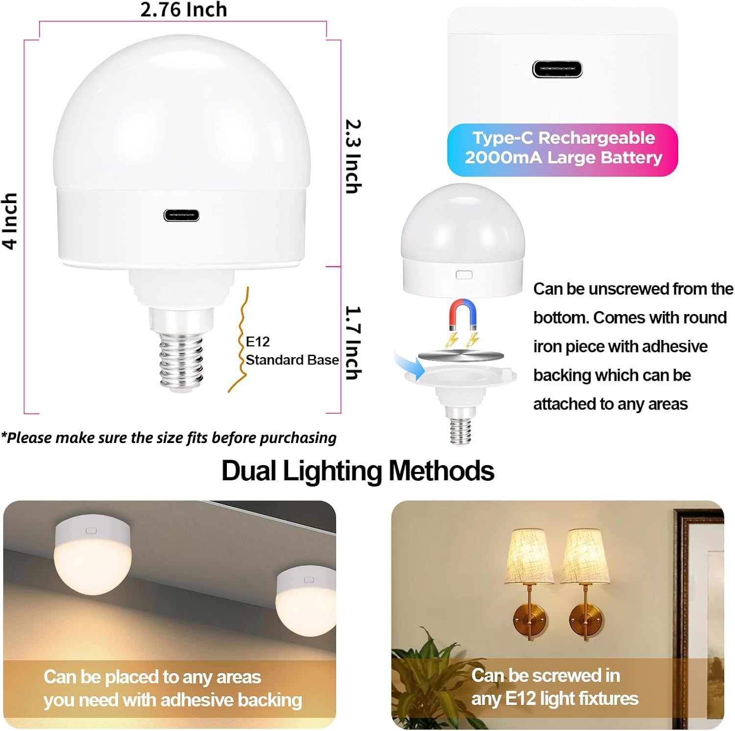 Yochoice E12 Rechargeable LED Light Bulb 2-Pack, Dimmable, 15 Colors, Remote Control, 2000mAH, White, Model B3