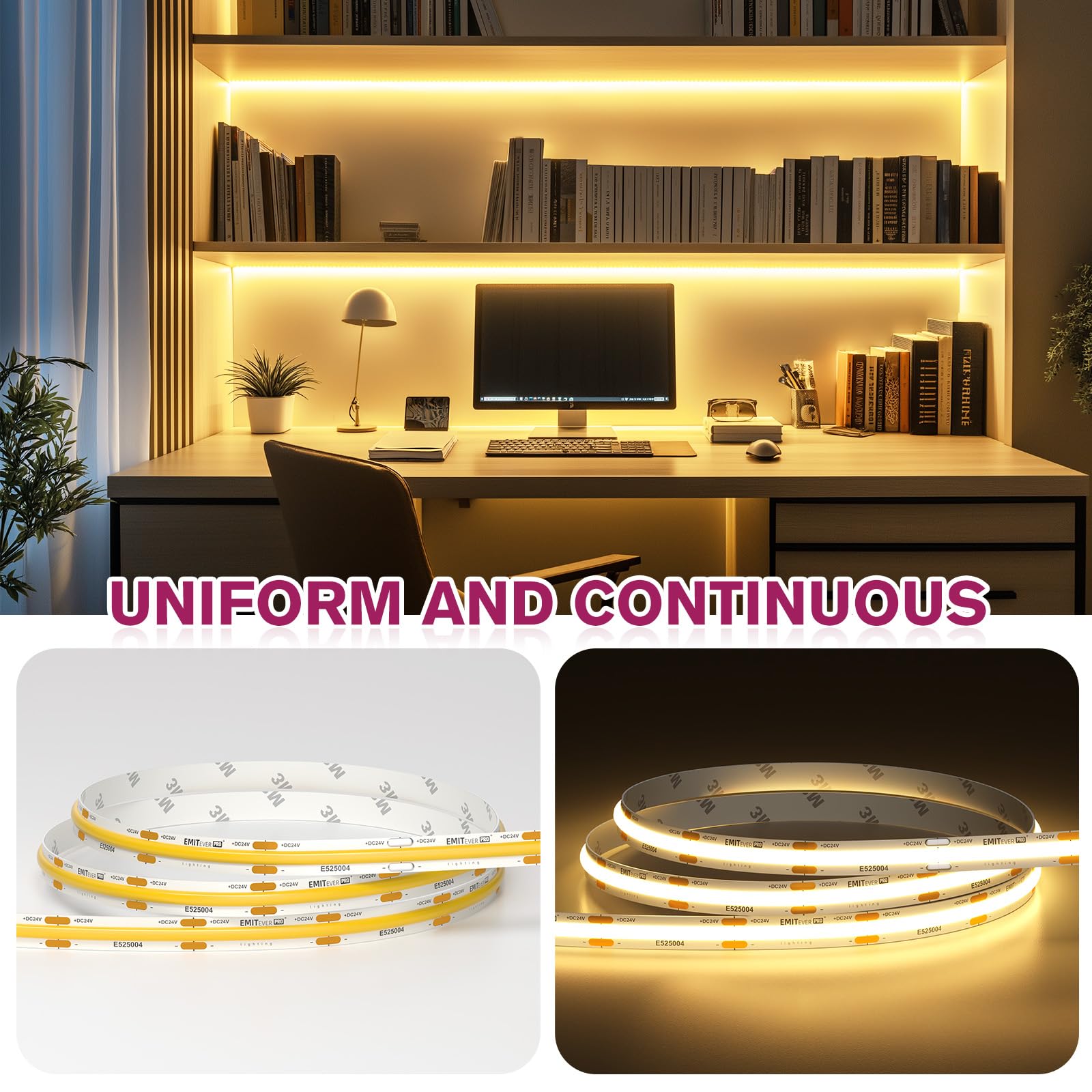 Emitever Warm White Cob Led Strip Lights 32.8Ft, 3000K, 400+ Lumens, Ul Listed