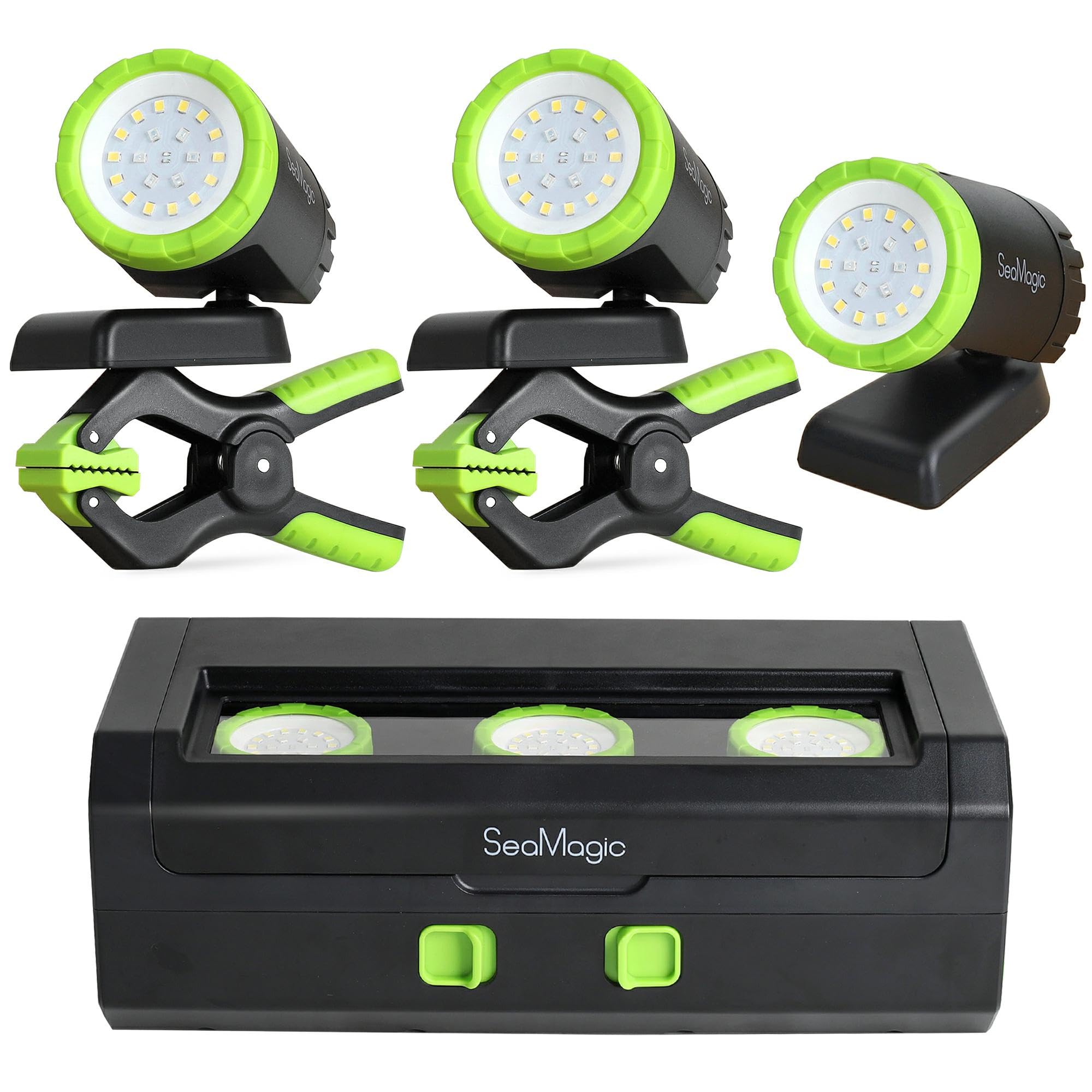 SEAMAGIC 3-Pack Rechargeable LED Work Lights with Portable Case, 360-Degree Adjustable Spotlights with Magnetic Base, Clamp Ligh