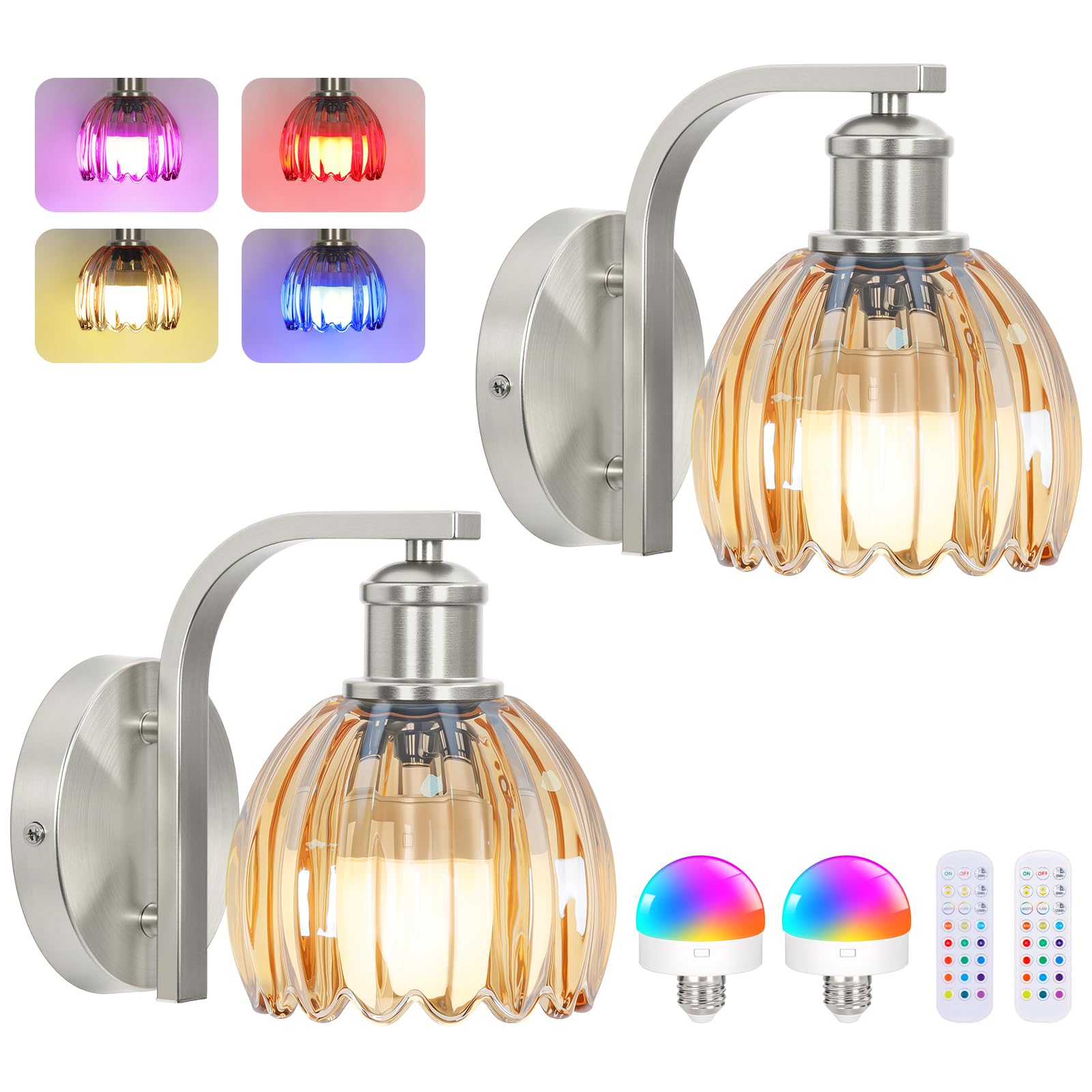 VerRon Rechargeable Wall Sconce Set of Two, Amber Glass, Wireless with Remote, 15 Colors, Metal, 2-Pack, Model B05092P(2PK)