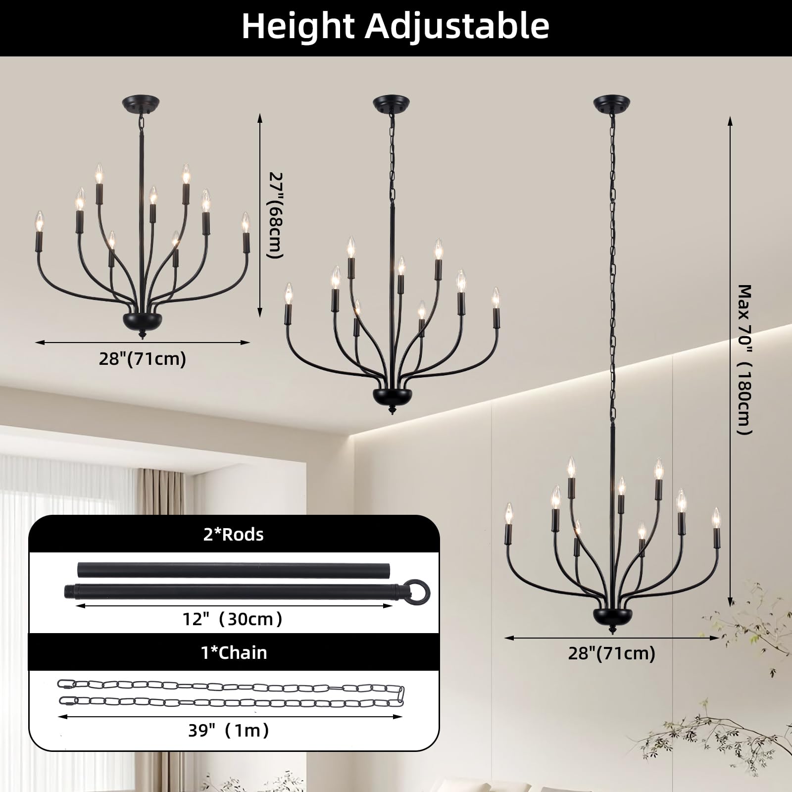 Black Chandeliers For Dining Room Light Fixture, 9-Light Farmhouse Candle Chandelier Foyer Lighting Fixtures, Industrial French