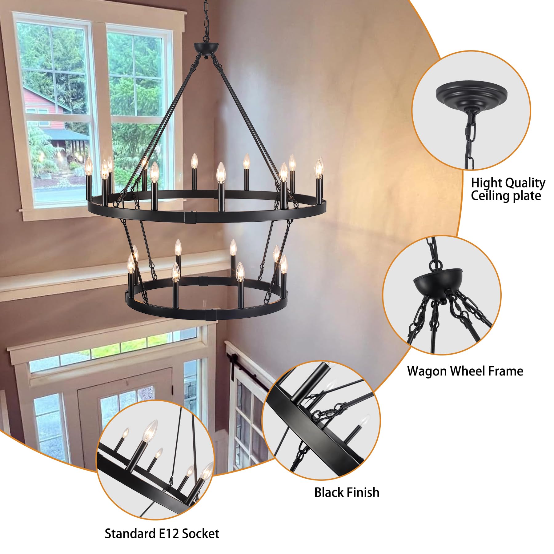 Rviezza 20-Light Black Wagon Wheel Chandelier, 38.19" Farmhouse Lighting for High Ceilings, Ideal for Dining Room, Living Room, Kitchen