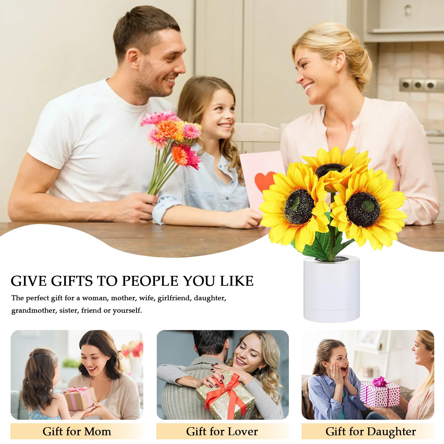 Lifnatty Sunflowers Lamp - Rechargeable Wireless Night Light, Dimming Table Lamp, Multicolor, Perfect Gift for Women