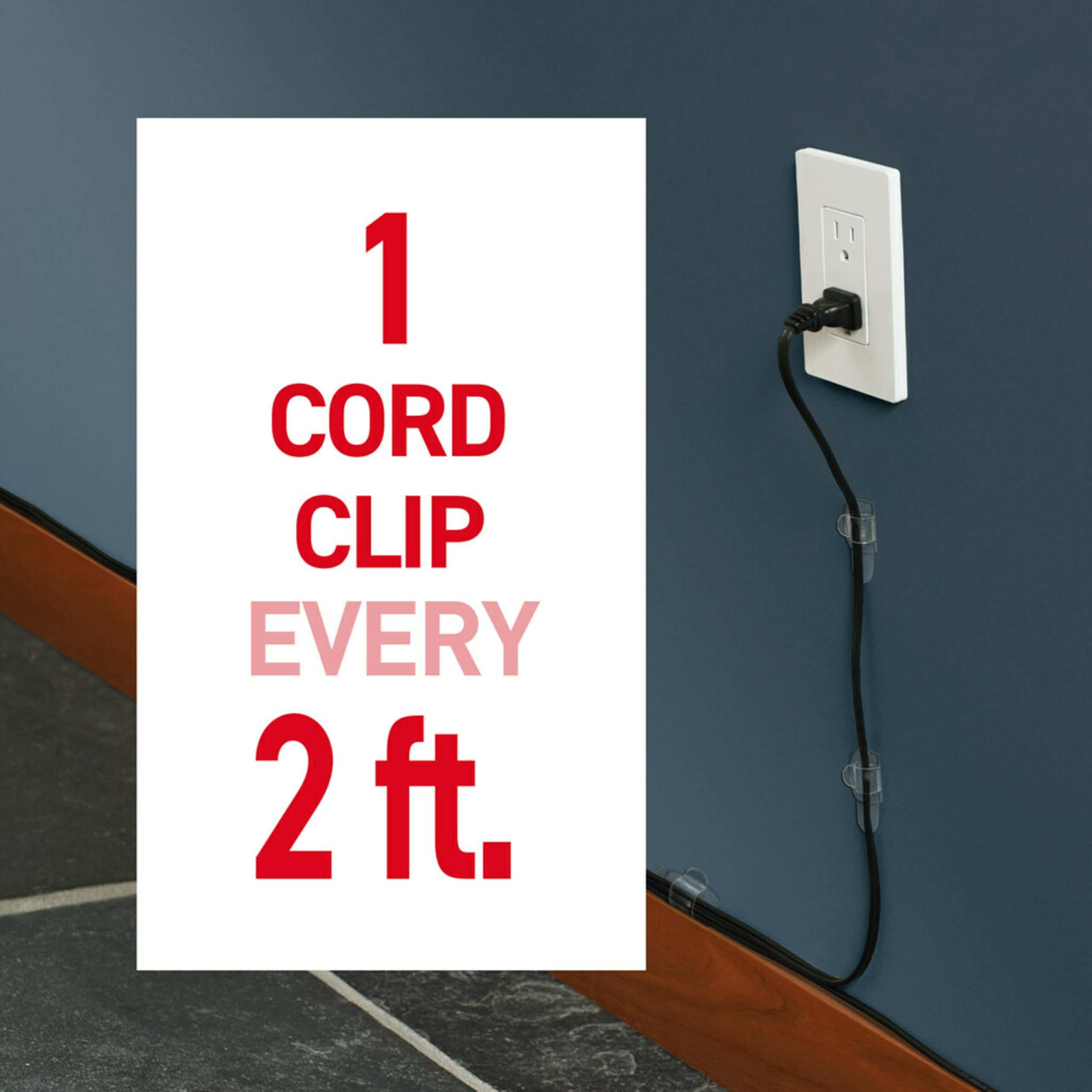 Command Clear Cord Clips - 13 Damage-Free Hanging Clips with 16 Strips for Electrical Cables - No Tools Required