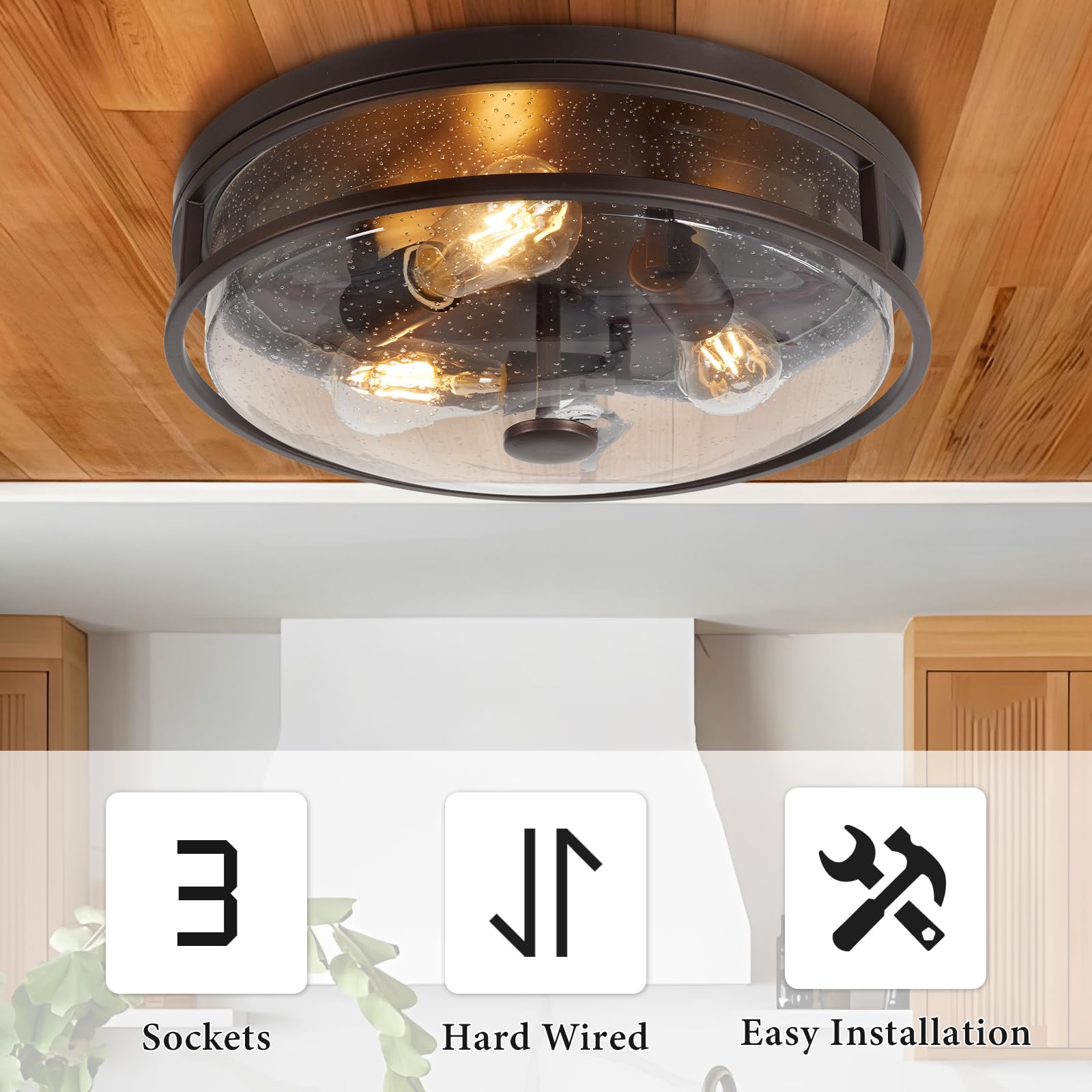 Rosient 16 Inch Large Flush Mount Ceiling Light Fixture With Seeded Glass, Bronze Round Ceiling Lamp Shade, Modern Farmhouse Ind