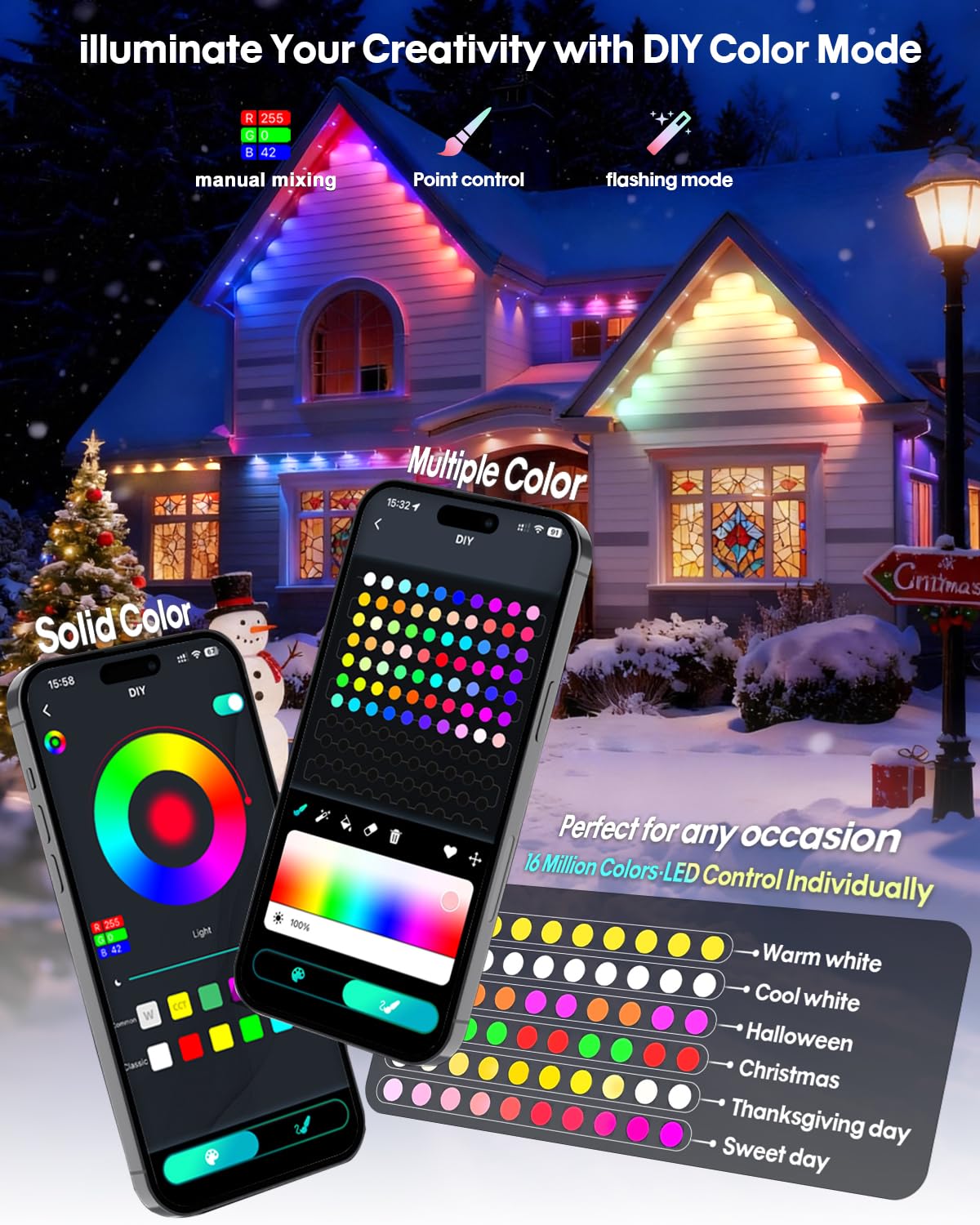 Super Rgb Smart Permanent Outdoor Lights  200Ft 120Leds Color Changing Rgb Ic Wall Lights  App & Remote Control  Music Sync  Dynamic Lighting For House  Living Room  Ceiling  Eave Party Xmas Decor