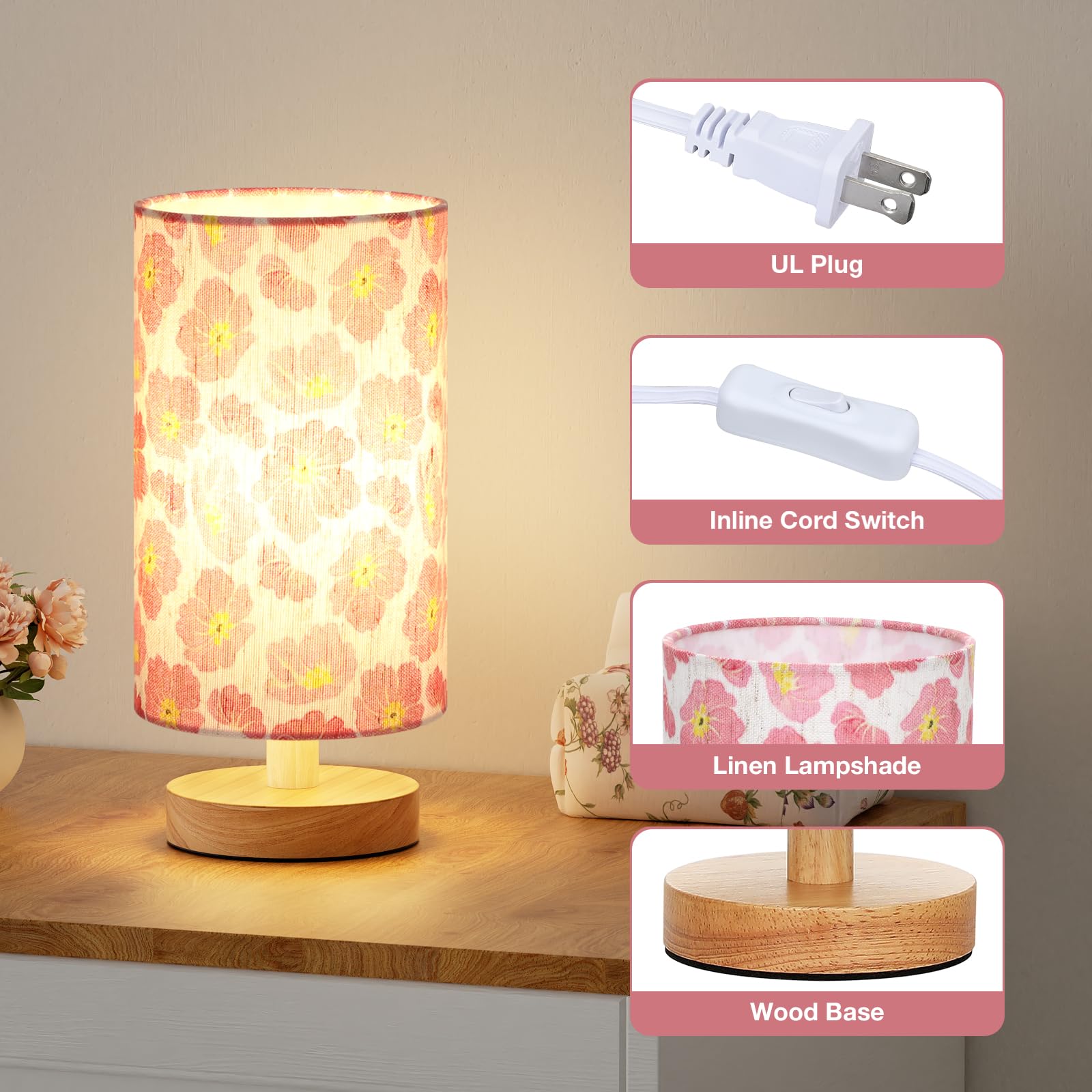 Fenmzee Cherry Table Lamp For Bedroom - Inline Control, Small Bedside Lamp With 3000K A15 Led Blub, Easy Assembly (Cherry Cream