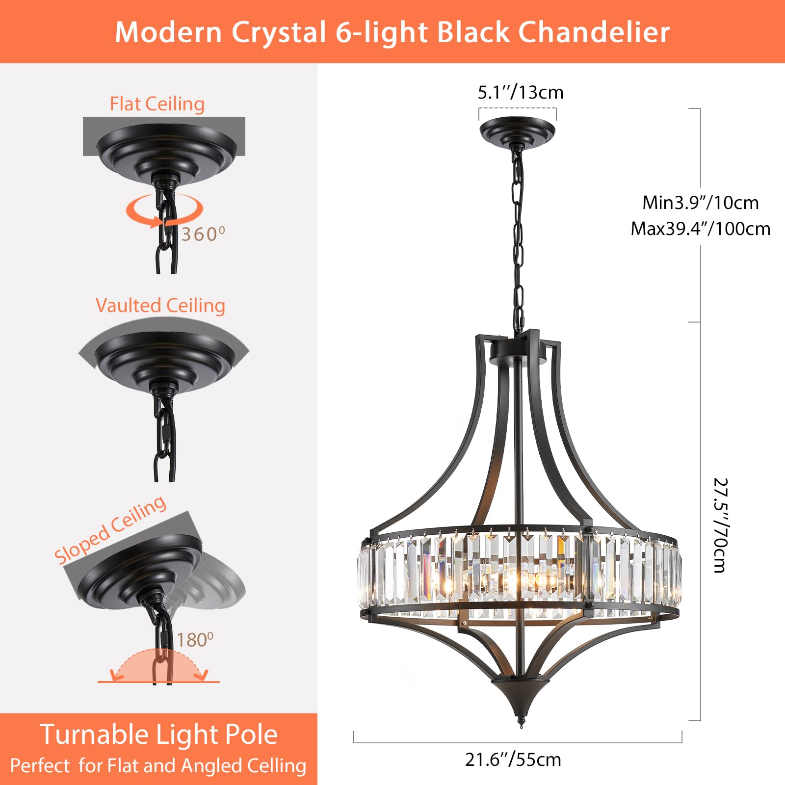 Majhoiw 6-Light Crystal Chandelier - Rustic Black Metal Shade, Large Size for Dining Room, Kitchen Island, Hallway, Model MJ032-BK