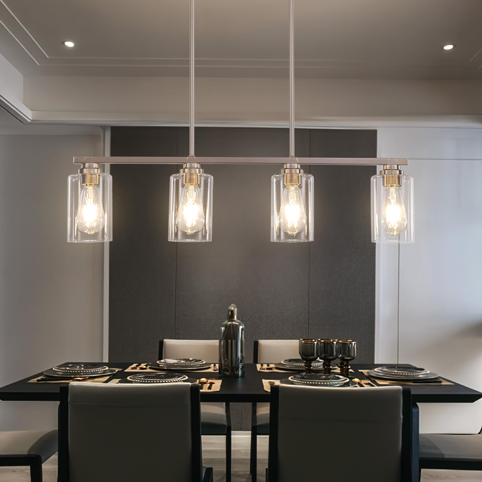 Mecgirn 4-Light Brushed Nickel Linear Chandelier Pendant Light Fixture for Kitchen Island and Dining Room D0017-4