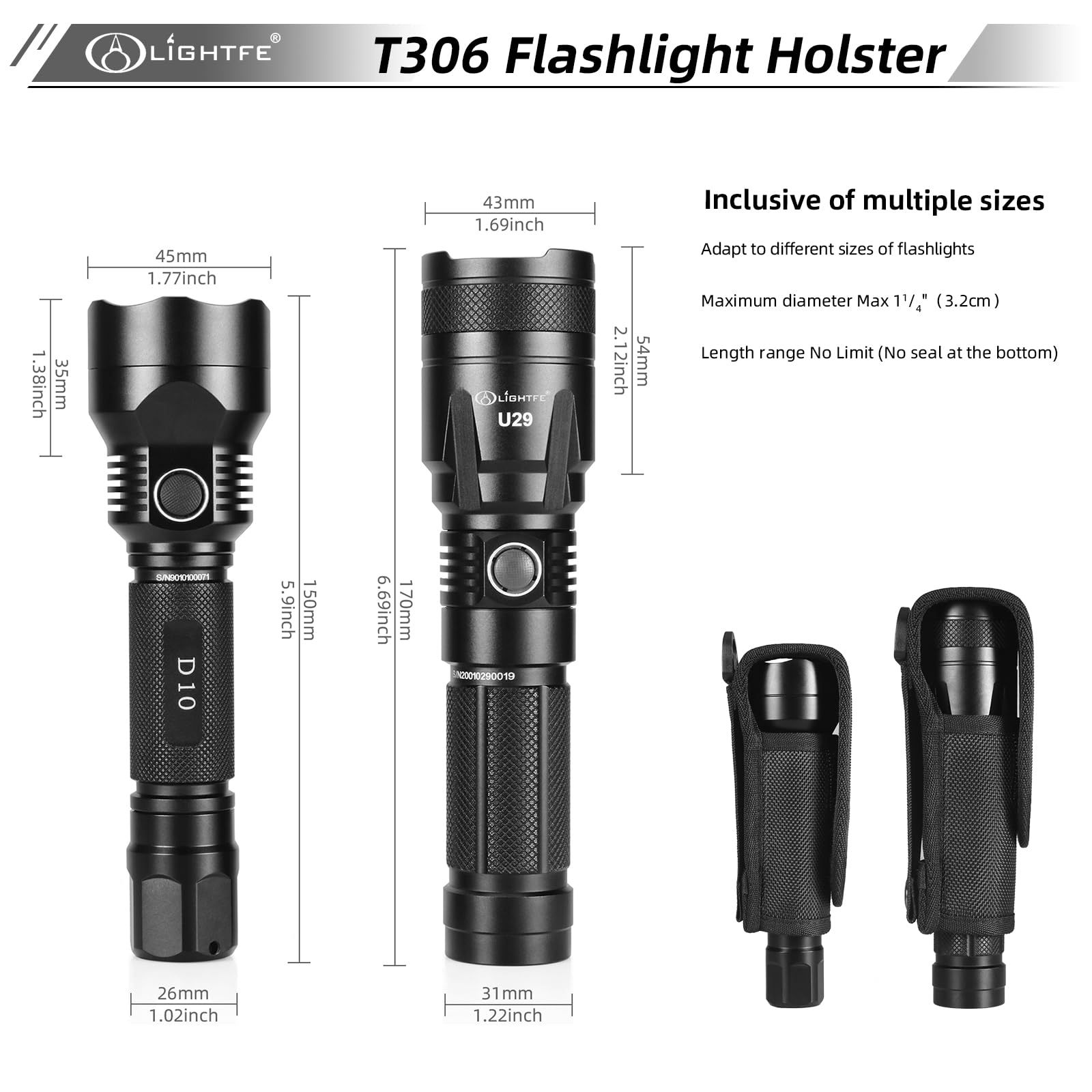 LIGHTFE Tactical Flashlight Holster T306 - Nylon Pouch for 1-1.2" Diameter Flashlights, Suitable for All Lengths