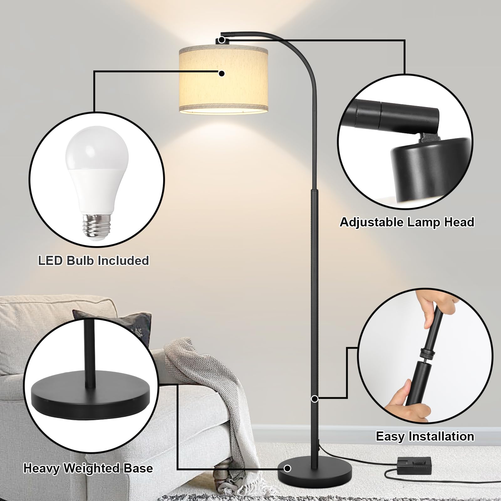 Boncoo Modern Floor Lamp For Living Room, Arc Floor Lamp With Adjustable Hanging Shade, Black Light With Pedal Switch For Bedroo