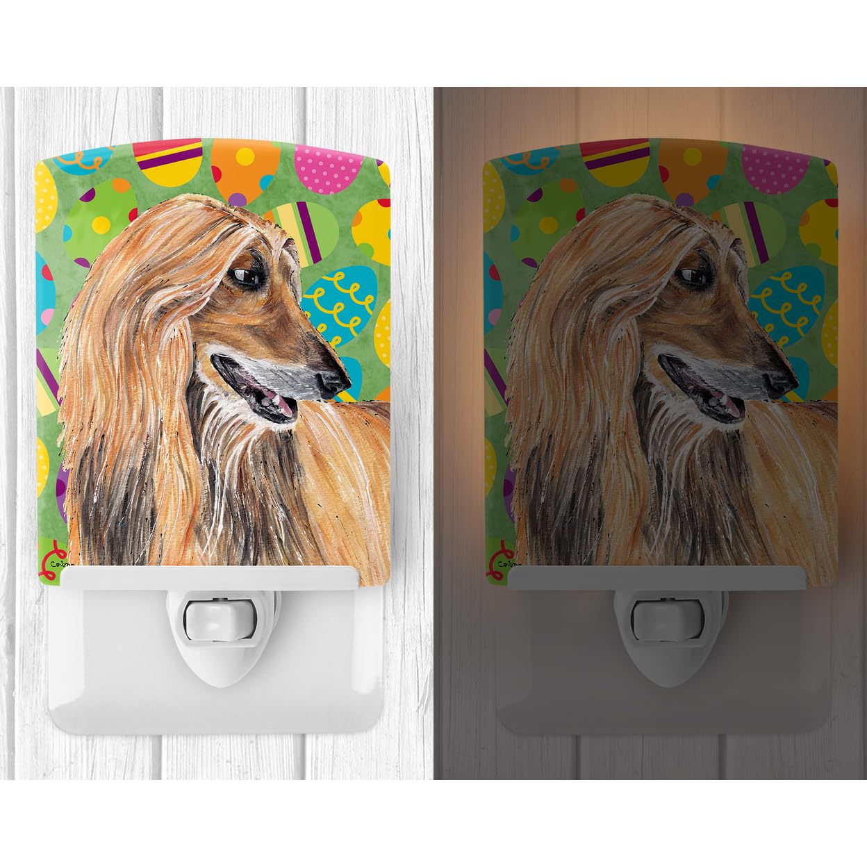 Caroline'S Treasures Sc9500Cnl Afghan Hound Easter Eggtravaganza Ceramic Night Light Compact, Ul-Certified, Ideal For Bedroom, Bathroom, Nursery, Hallway, Kitchen, 6X4X3, Multicolor