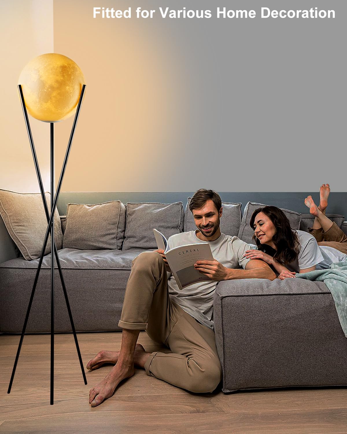 Lightdot 66" Black Tripod Globe Moon Floor Lamp, Modern Metal Design, 3D Frosted Shade, E26 Bulbs Included, Mid Century Style