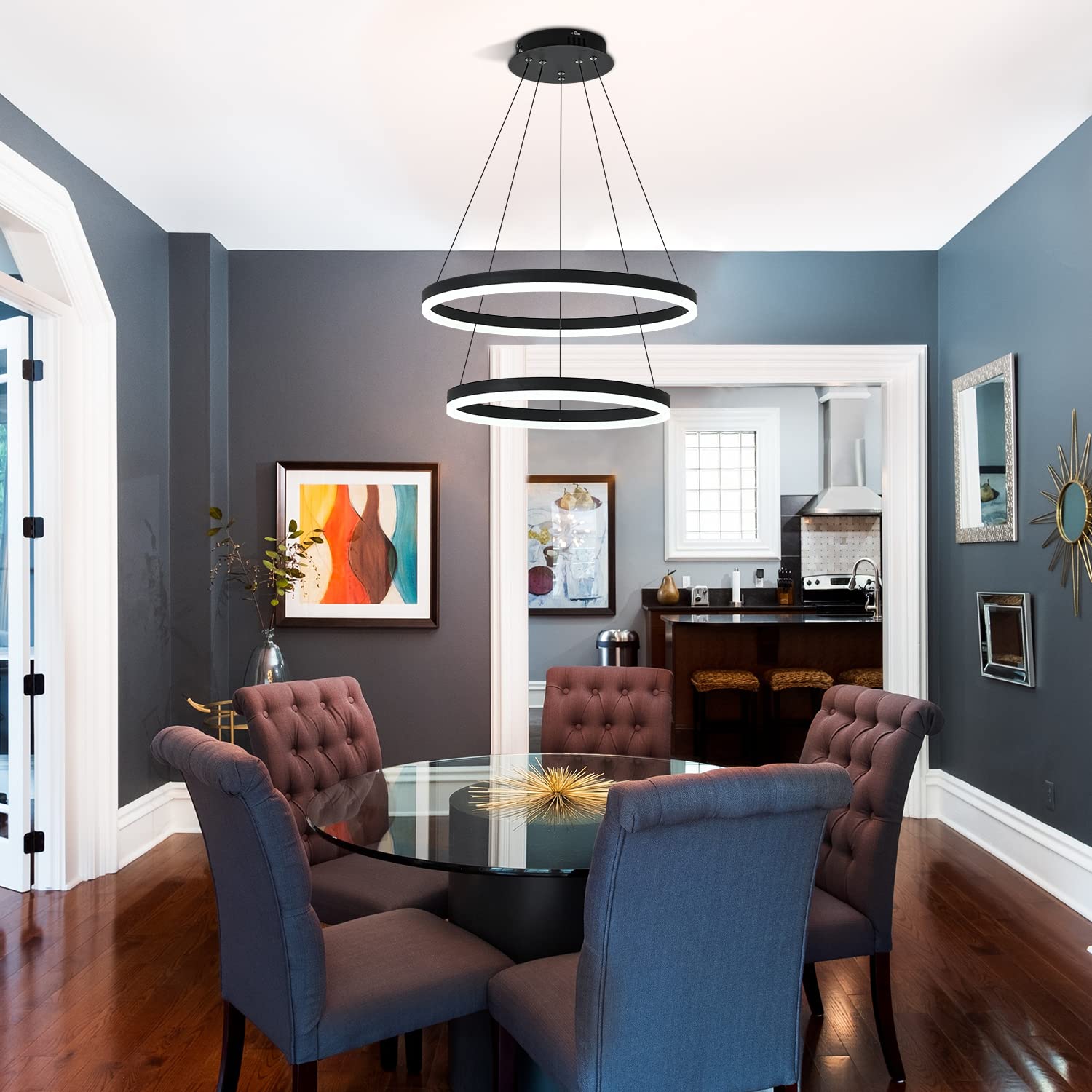 Xgzl · Lighting 2-Rings Modern Led Chandelier Black For Dining Room, Dimmable Pendant Lighting With Remote Control Circular Flush Mount High Ceiling Light For Bedroom Living Room Foyer, 3000K-6500K