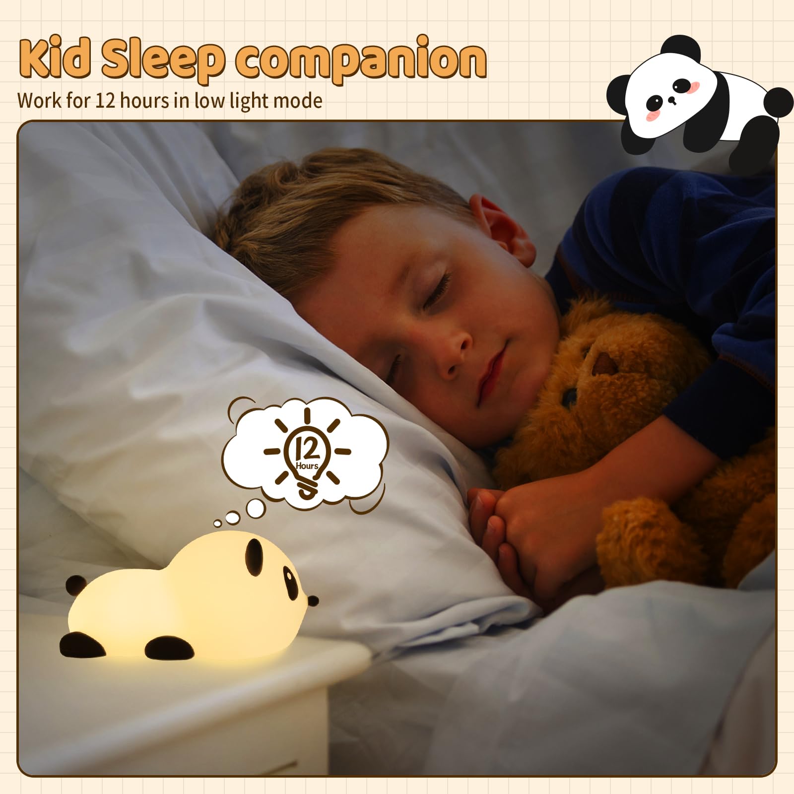 SALUOKE Panda Night Light - Rechargeable Silicone Lamp with 7 Soft Colors, Tap Control & Sleep Timer for Kids' Room & Nursery