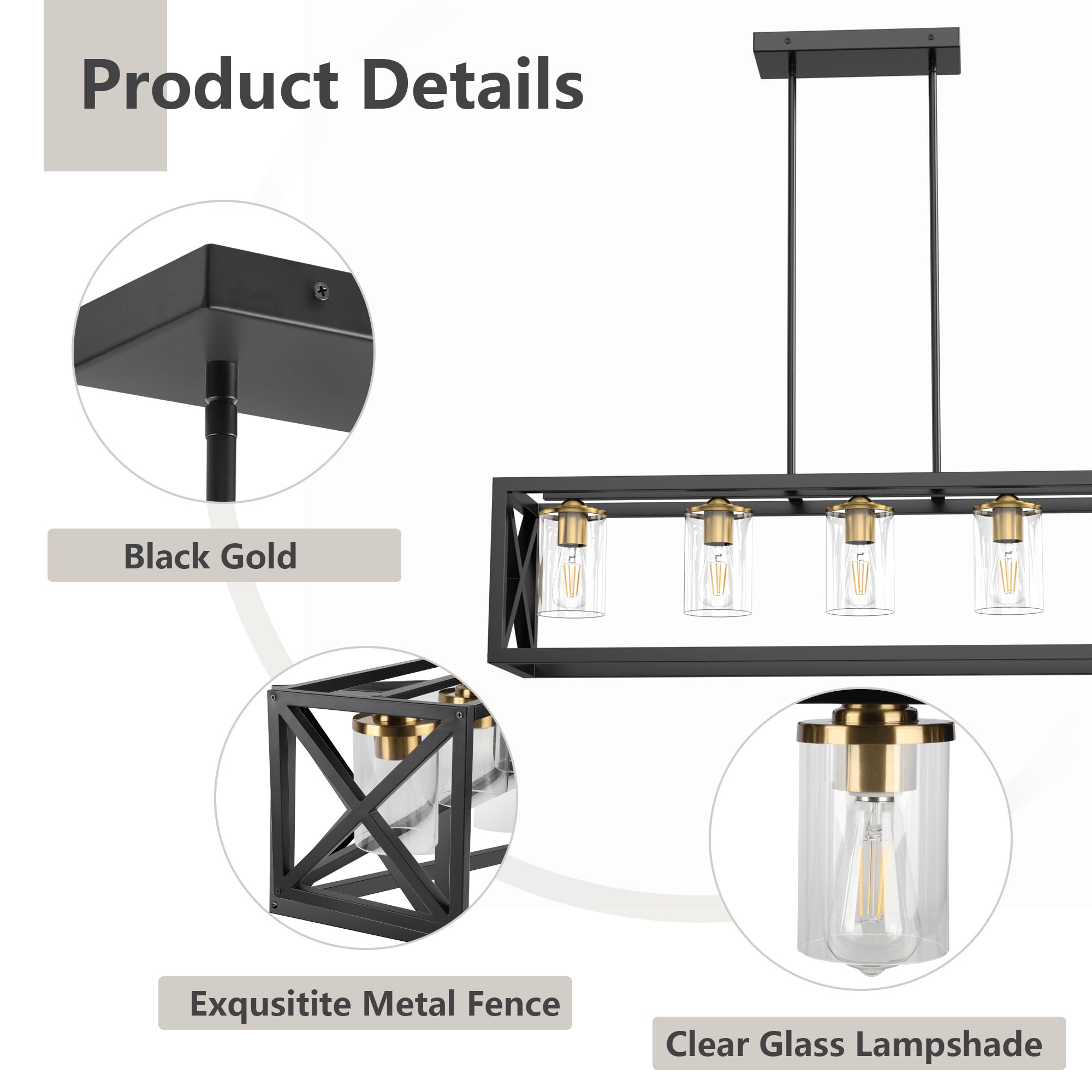 Espird Black Gold Dining Room Light Fixture - 5 Light Chandeliers For Dining Room With Clear Glass Shade & Adjustable Height & T