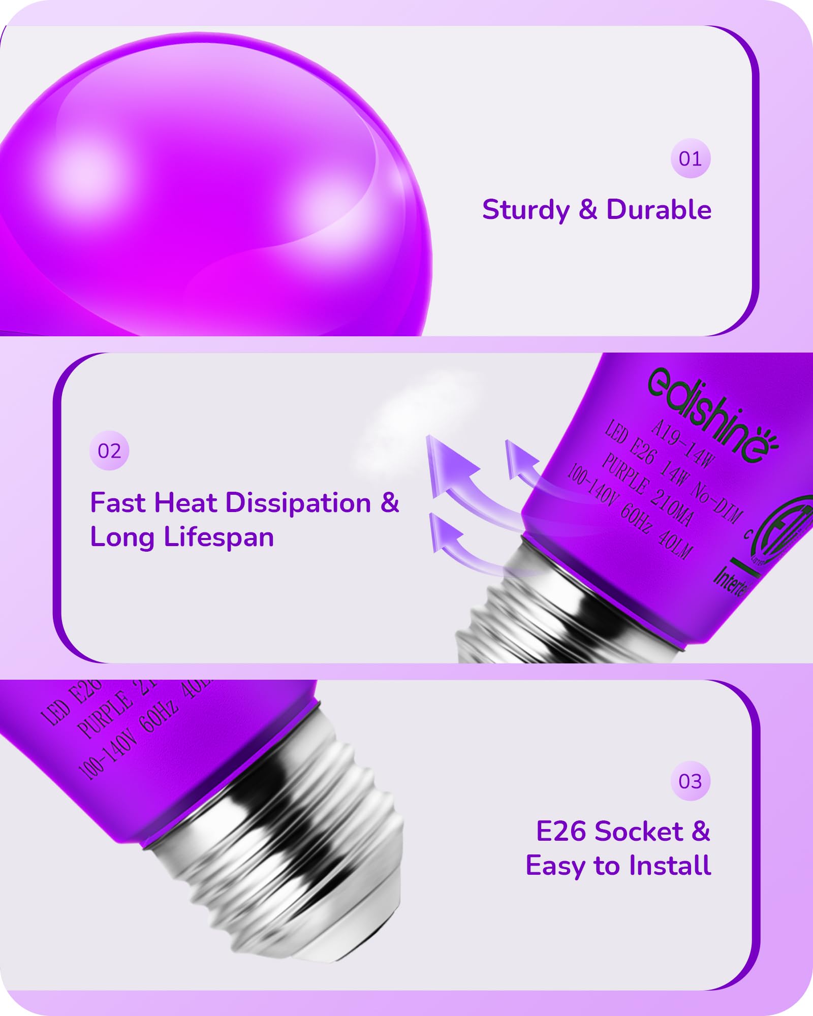 EDISHINE Purple LED Light Bulbs, 14W Purple Bulb Equivalent 100W Colored Light Bulb, E26 Base A19 Light Bulbs for Christmas Deco